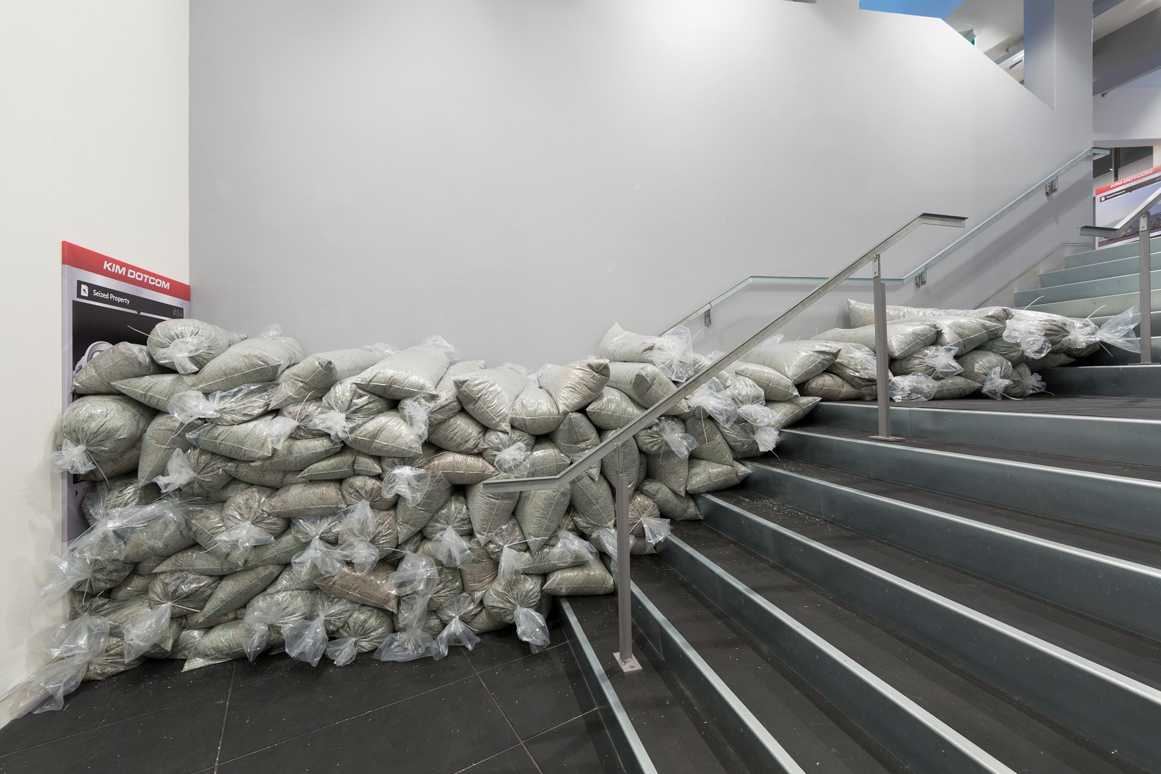 Simon Denny, The Personal Effects of Kim Dotcom 2014, installation view at the Adam Art Gallery, Victoria University of Wellington ©Simon Denny (photo: Shaun Waugh).