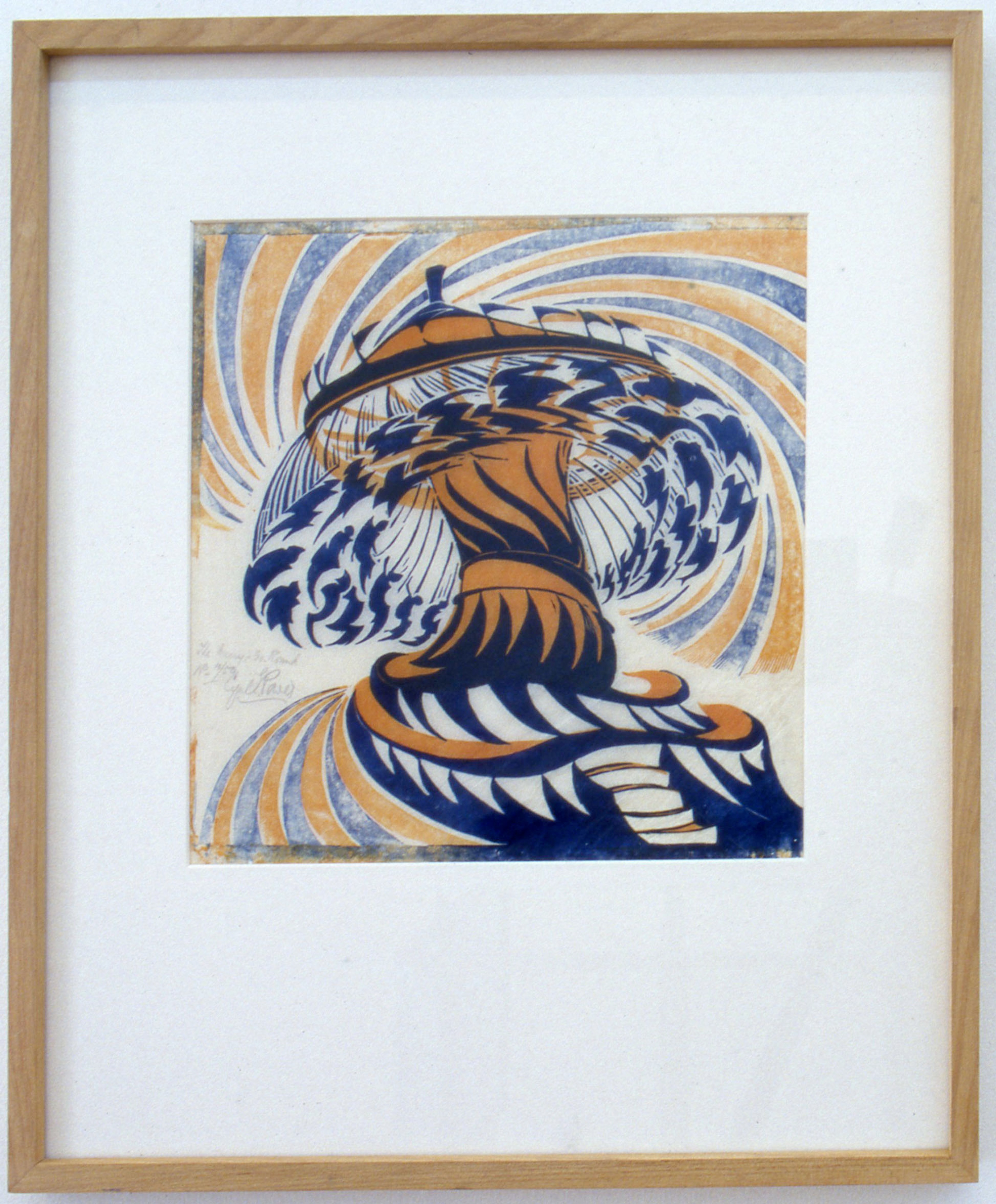 Cyril Power, The Merry-go-Round, c. 1930, colour linocut, 319 x 305mm. Installation view, The Cutting Edge: Avant-Garde Printmaking in Europe 1900-1950, Adam Art Gallery Te Pātaka Toi, Victoria University of Wellington, 2001