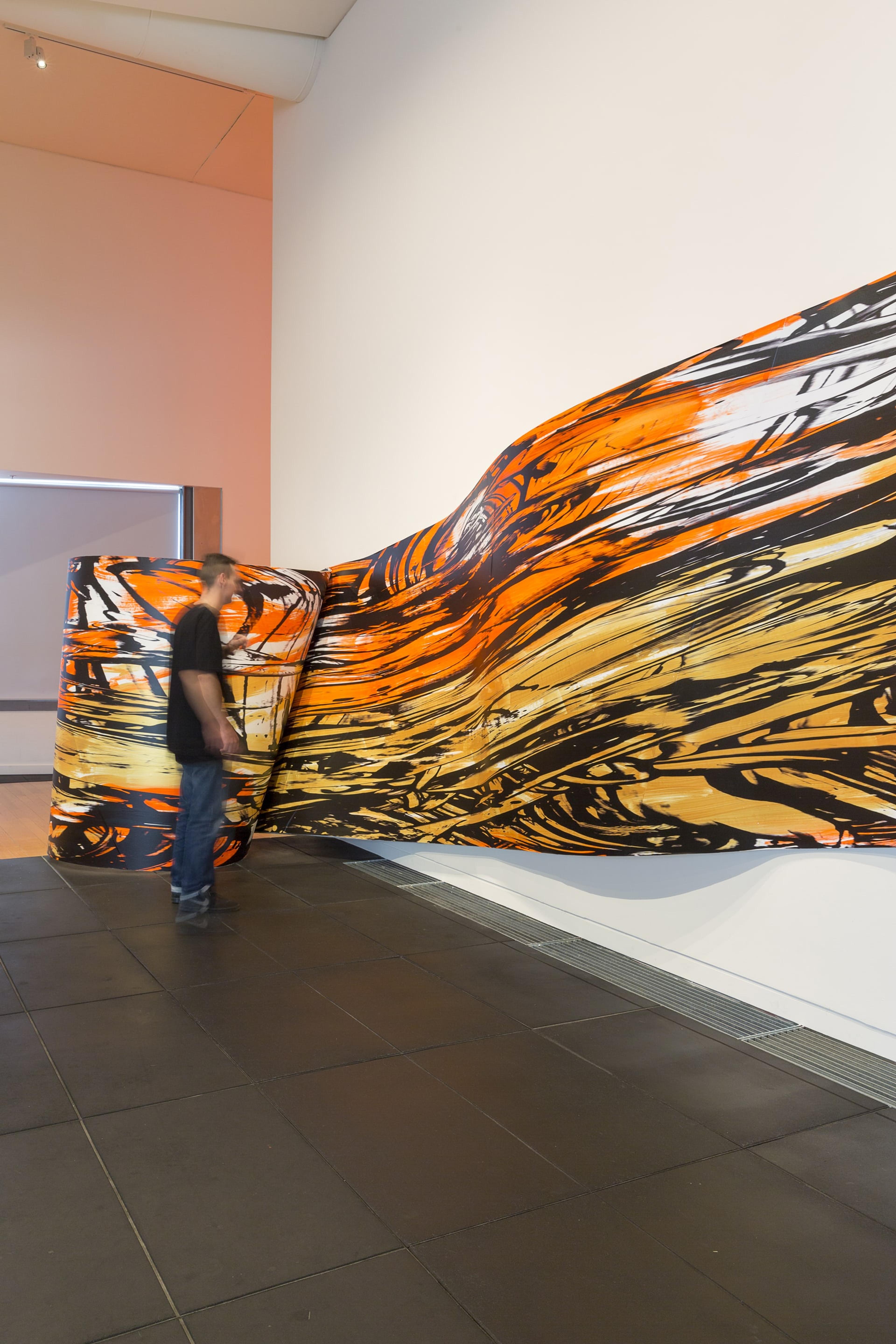 Judy Millar, installation view of Space Work 7, 2014. Wood, paint, digital print, 11.1 x 4.3 meters. Courtesy of the artist, Gow Langsford, Auckland and the Adam Art Gallery. Photo: Shaun Waugh.