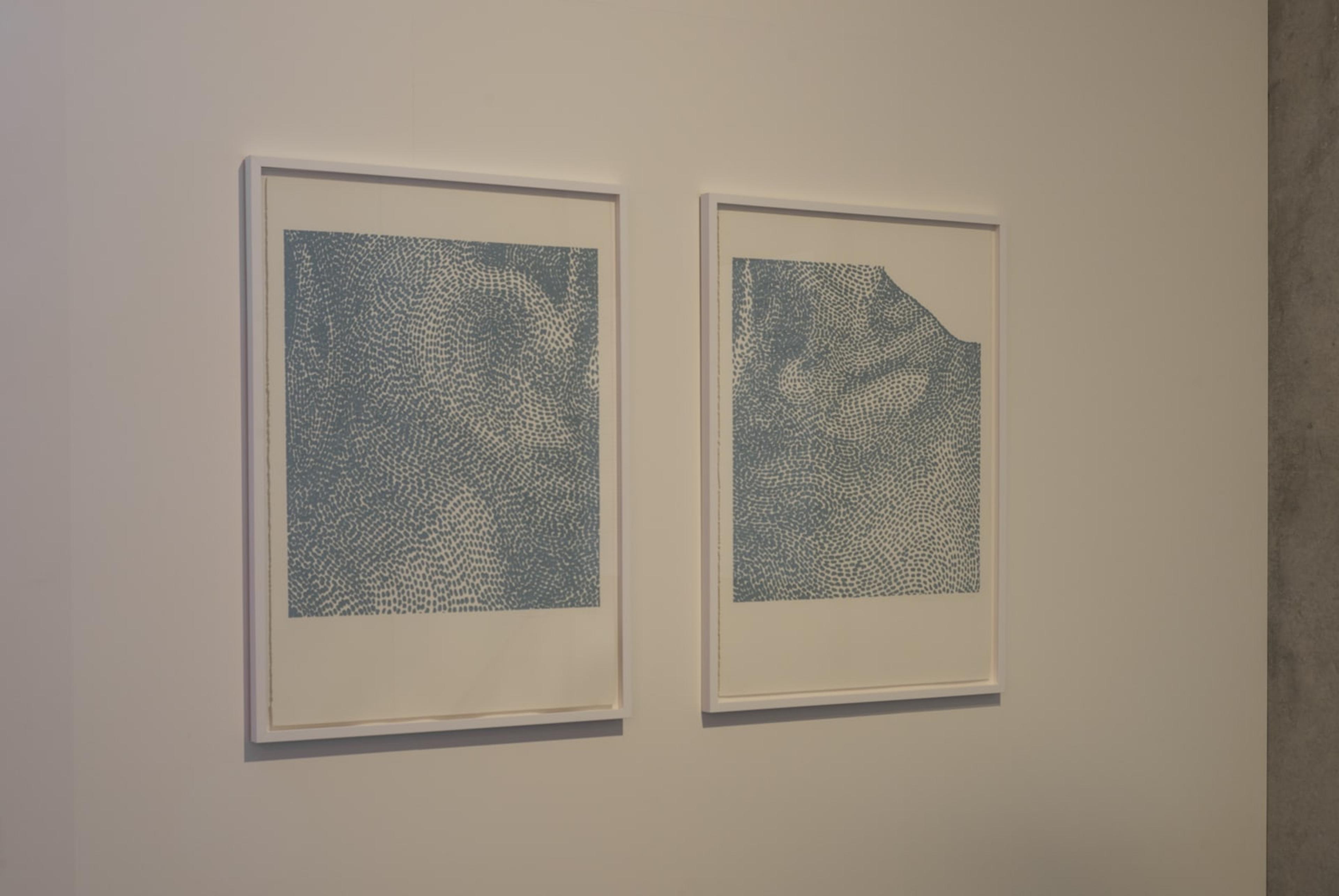 Raukura Turei, Expanse , 2017, diptych, from the Self series oil pastel on paper, framed, 78.5 x 108.5cm, each, courtesy of the artist. Installation view, The earth looks upon us / Ko Papatūānuku te matua o te tangata, curated by Christina Barton, Adam Art Gallery Te Pātaka Toi, Victoria University of Wellington