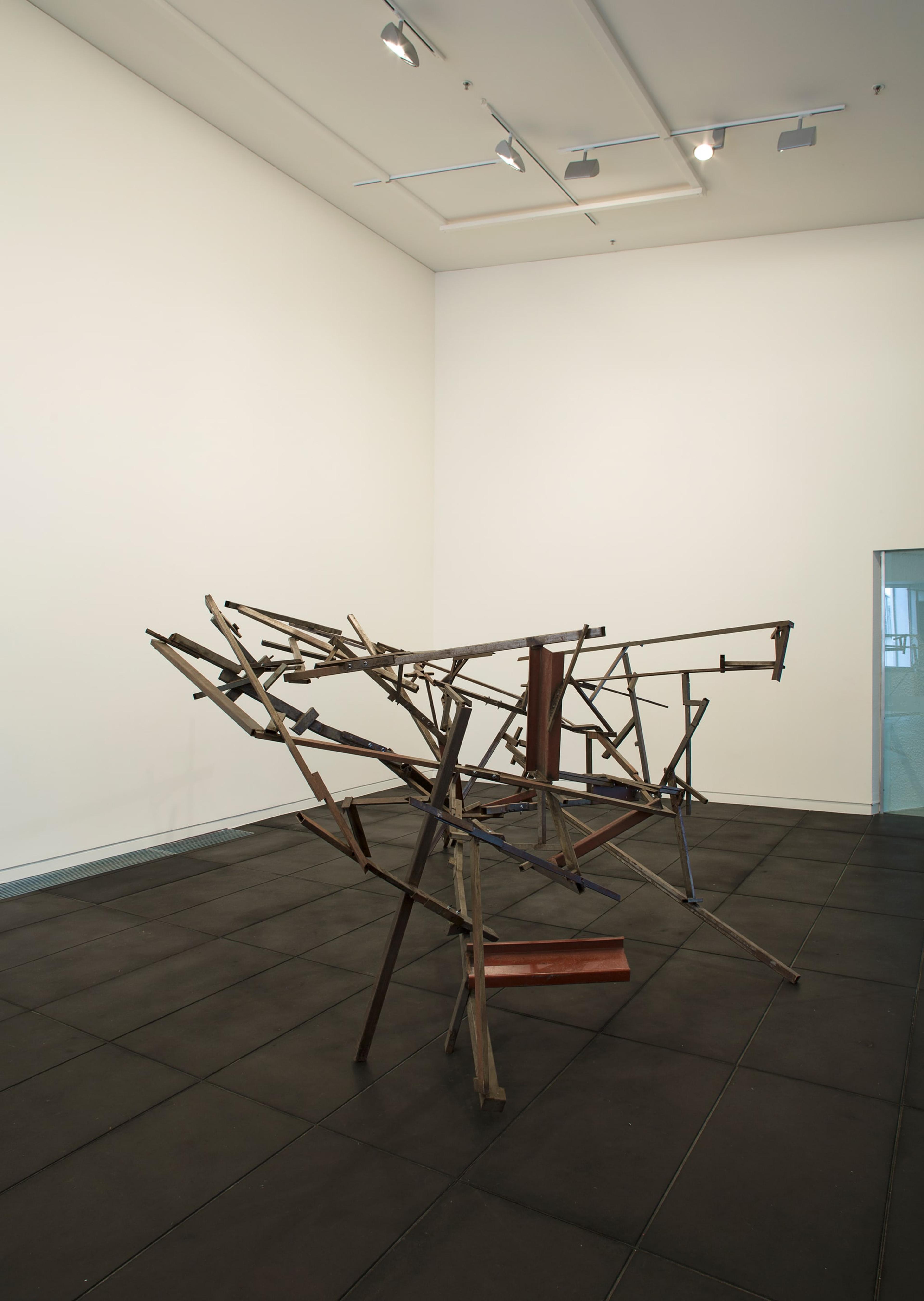 Installation view of John Panting: Spatial Constructions at the Adam Art Gallery, showing 6.08 (Untitled VIII), 1973–74, steel, 244 x 366 x 244cm. Collection of Museum of New Zealand Te Papa Tongarewa, 1977-0006-1. Photo: Shaun Waugh.