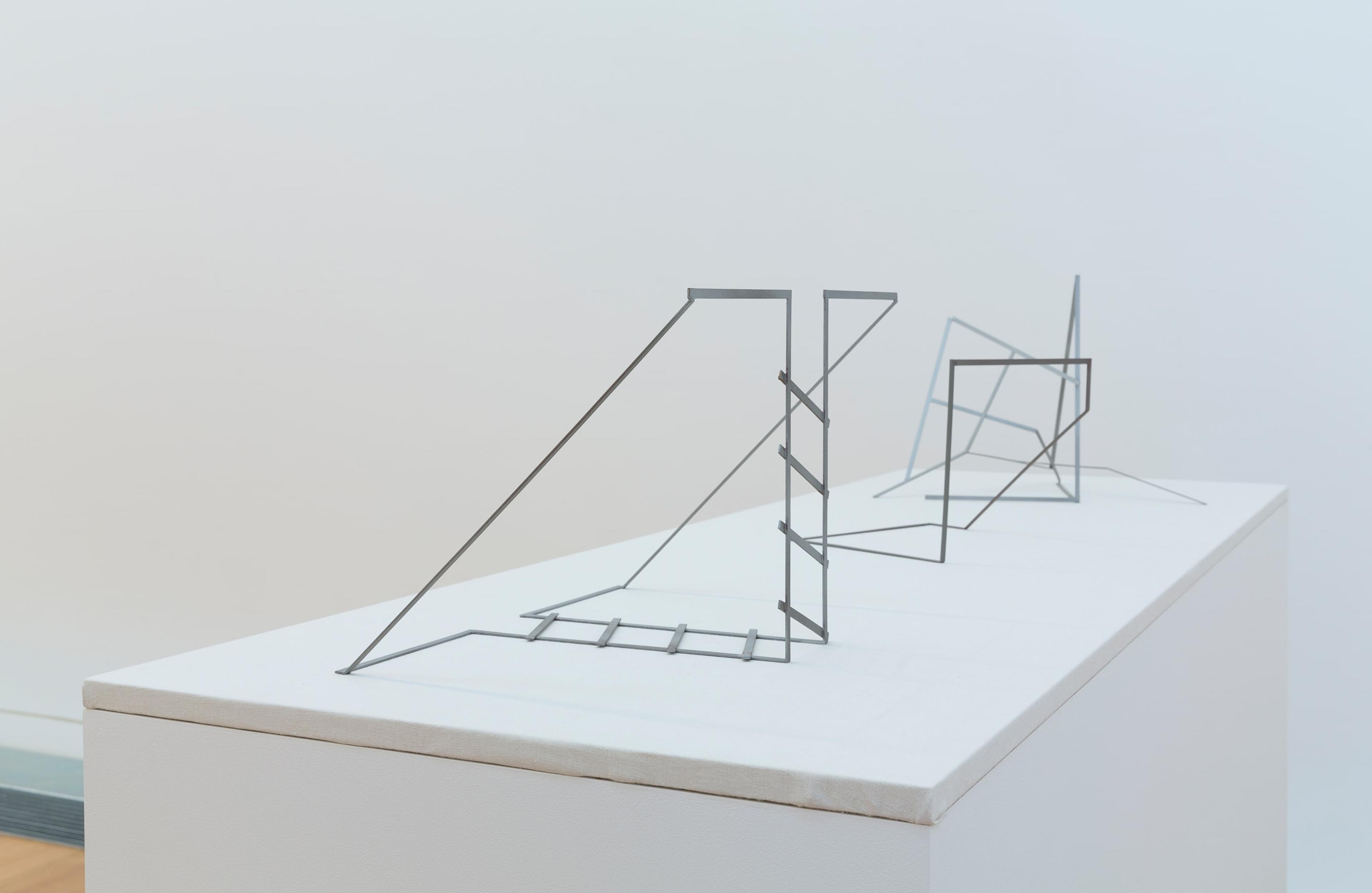 Installation view of John Panting: Spatial Constructions at the Adam Art Gallery, showing Untitled, circa 1972, mild steel and aluminium paint. Collection of Museum of New Zealand Te Papa Tongarewa. Photo: Shaun Waugh.