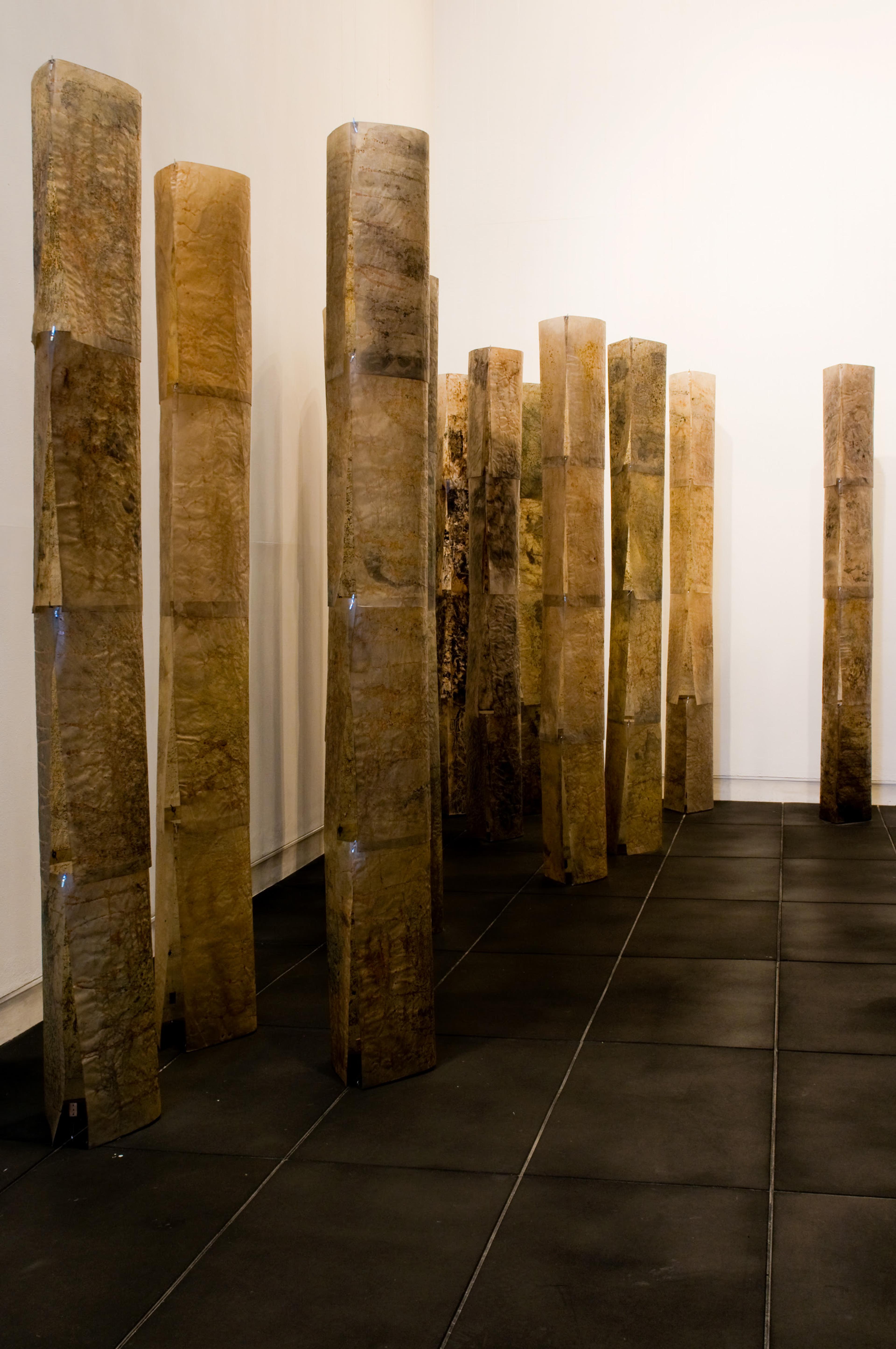 Vivian Lynn, Lamella – Lamina, 1983, mixed media on Canson tracing paper, each element 2280mm (h), overall dimensions variable. Installation view, I, HERE, NOW Vivian Lynn, Adam Art Gallery Te Pātaka Toi, Victoria University of Wellington, 2008. Photo: Les Maiden