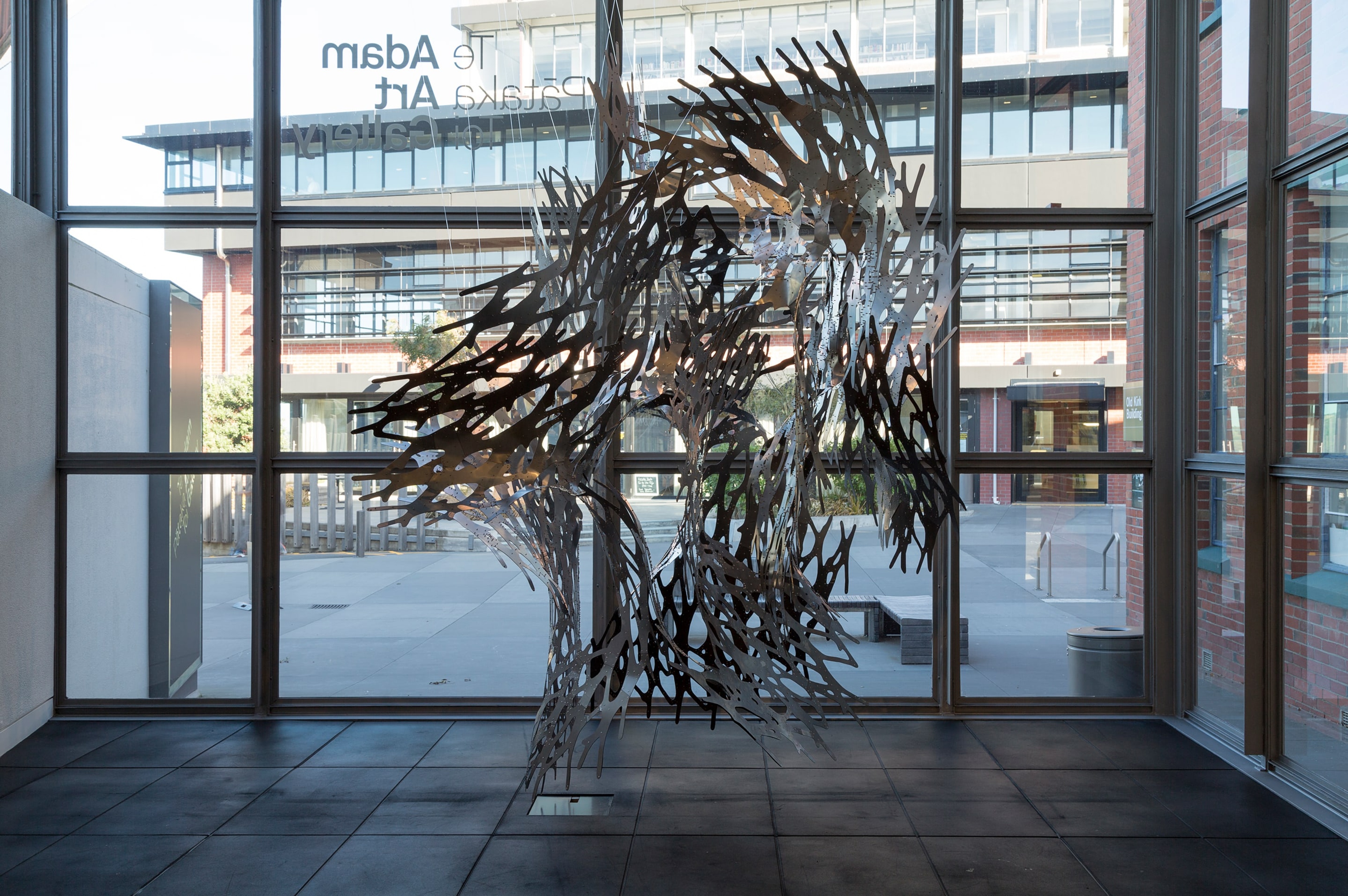 Roland Snooks, AgentBody Prototype 2015 (detail), cut steel, aluminium, in the exhibition Drawing Is/Not Building at the Adam Art Gallery Te Pātaka Toi, Victoria University of Wellington (photo: Shaun Waugh)