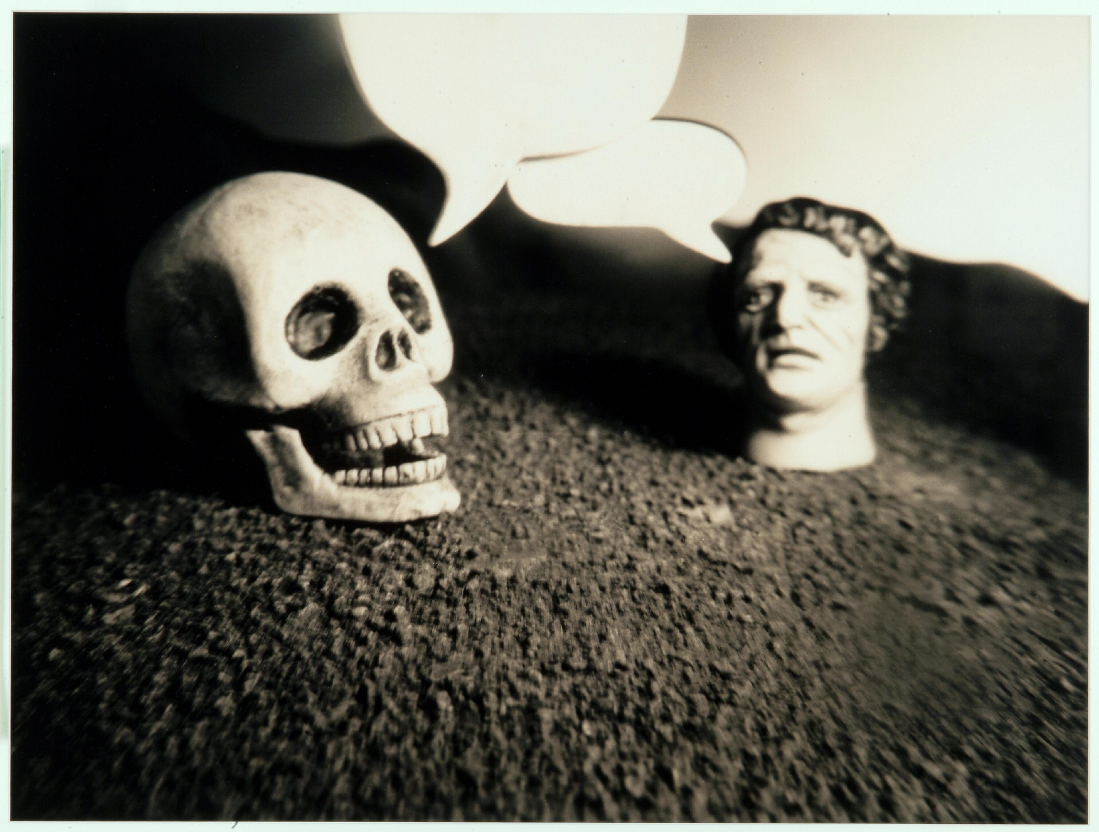 Ronnie VAN HOUT, In the Valley of Dry Bones, 1993, Sepia-toned photograph, skull, head, speech bubbles