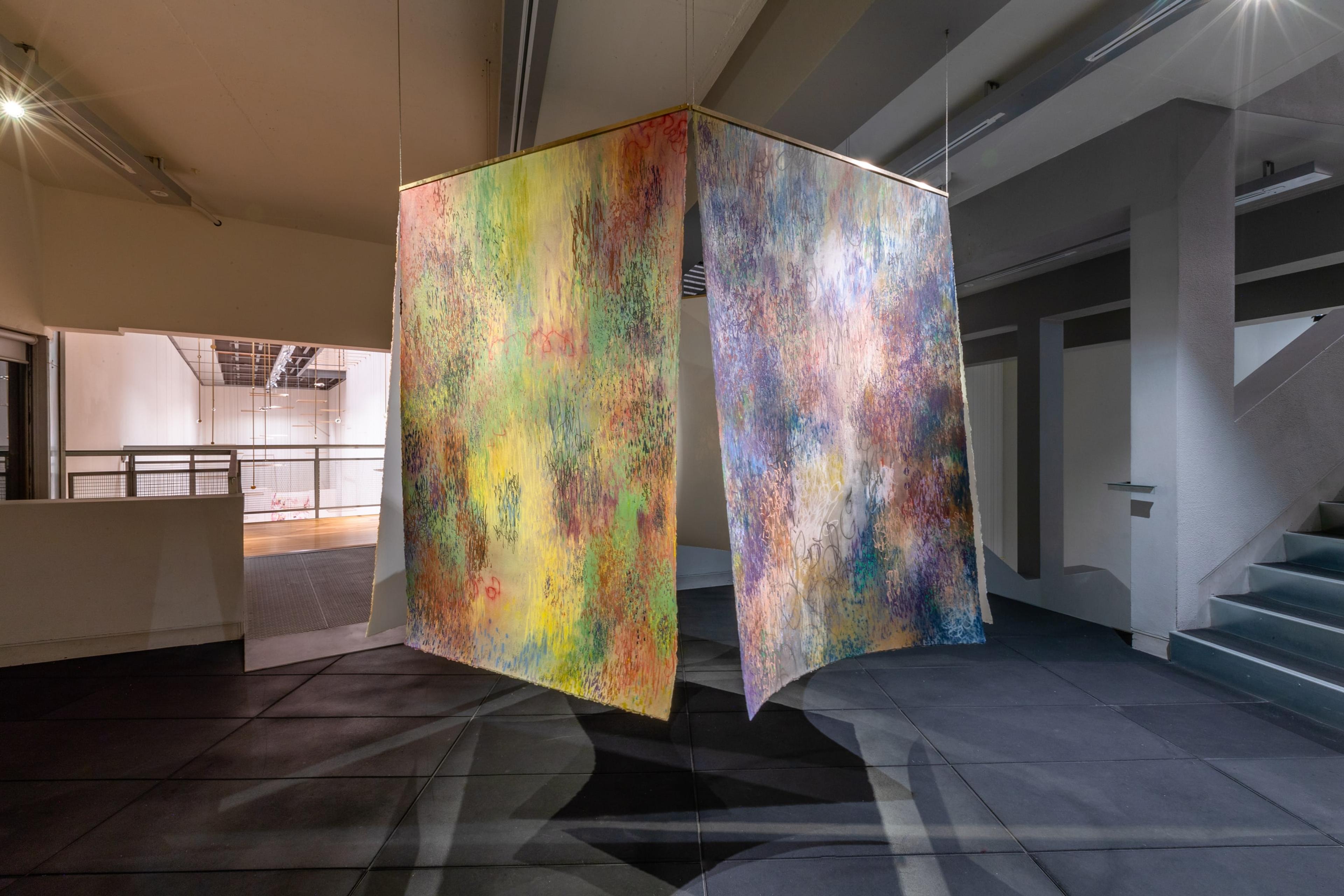 Installation view, Discharge (2022), in Energy Work: Kathy Barry/Sarah Smuts Kennedy, Te Pātaka Toi Adam Art Gallery, Victoria University of Wellington. Photo: Ted Whitaker