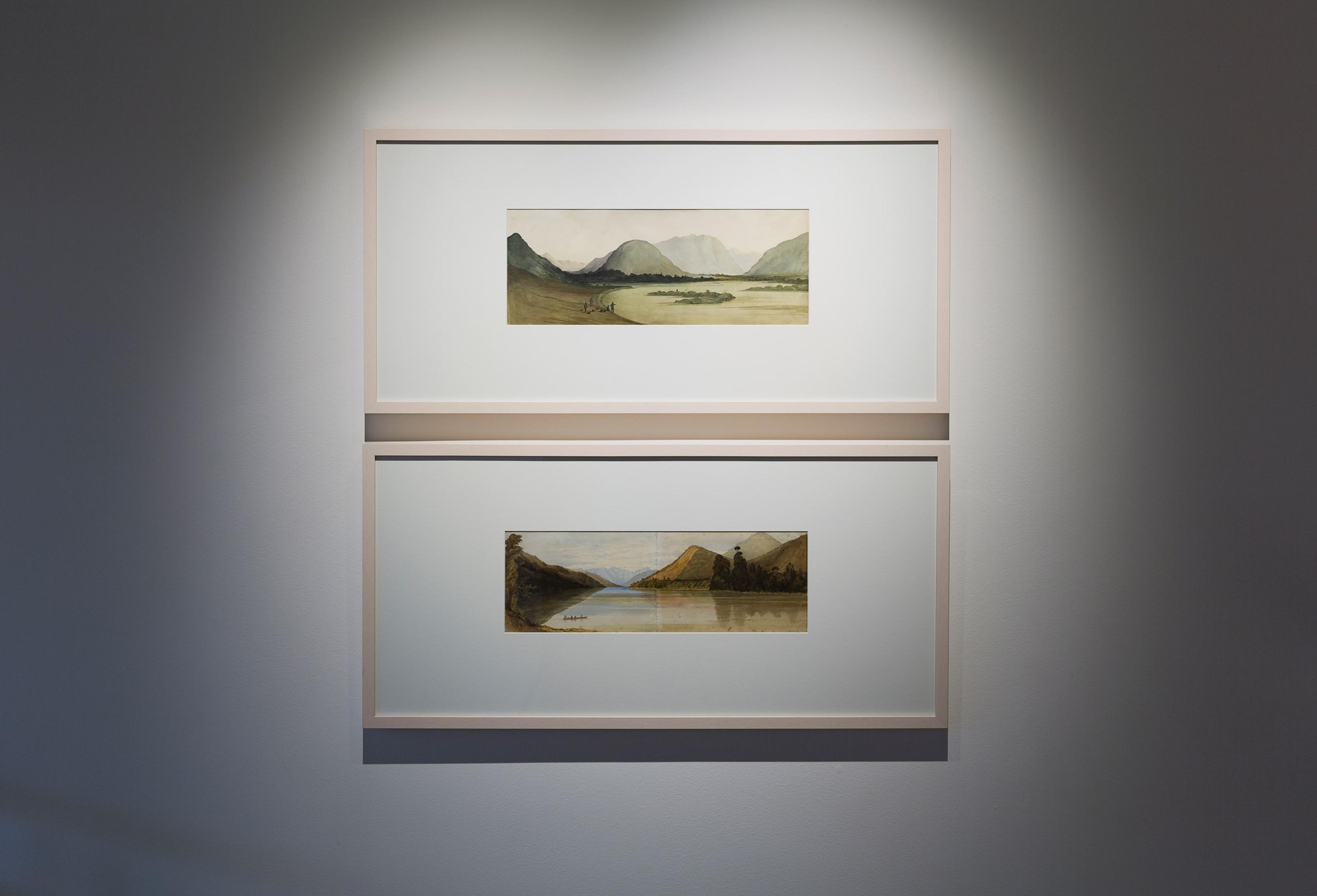 William Fox, installation view of The Mangles grass valley, on the Mangles or Teraumei River,[15 February 1846] and Lake Howick [February 1846]. Collection of the Alexander Turnbull Library, Wellington, New Zealand. Photo: Shaun Waugh.