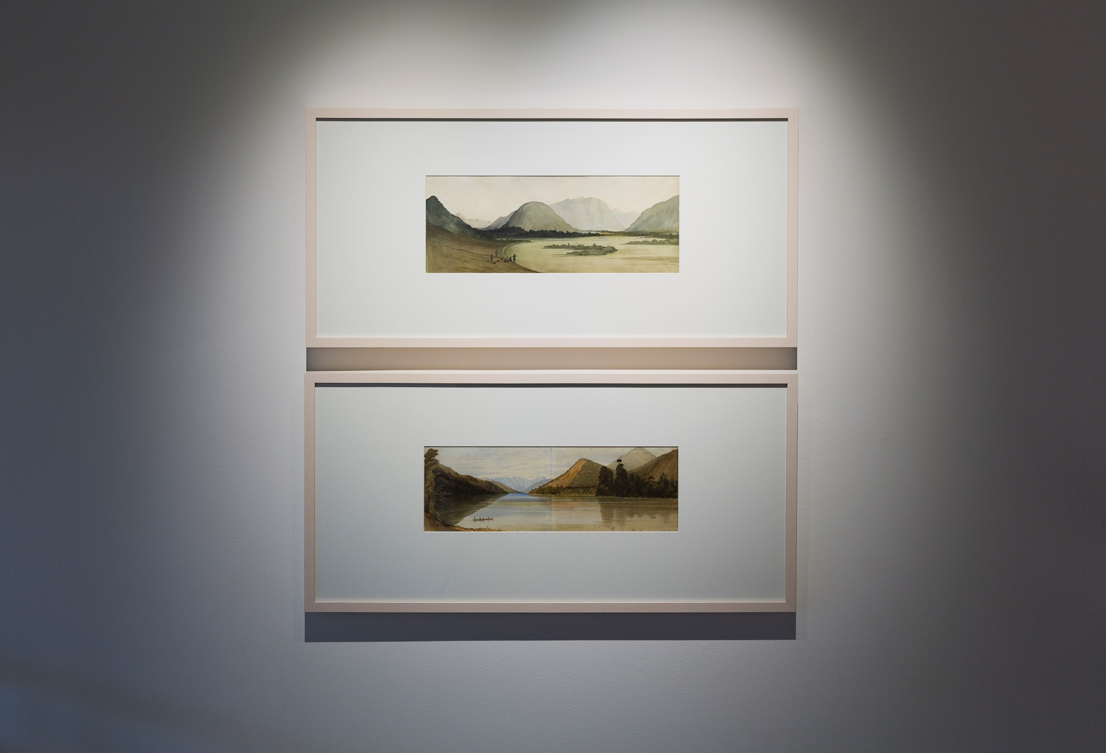 William Fox, installation view of The Mangles grass valley, on the Mangles or Teraumei River,[15 February 1846] and Lake Howick [February 1846]. Collection of the Alexander Turnbull Library, Wellington, New Zealand. Photo: Shaun Waugh.