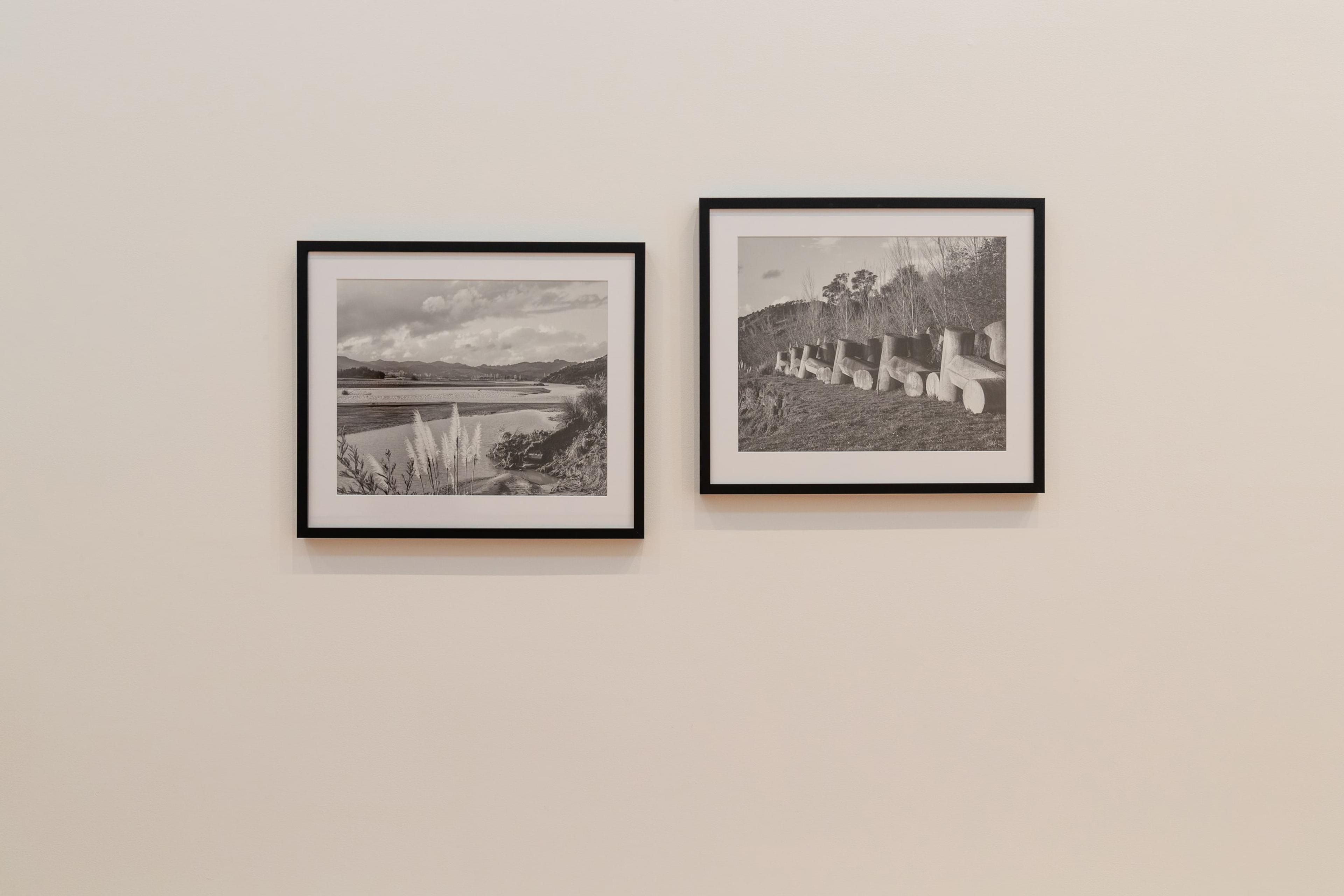 Natalie Robertson, Waiapu River at the base of Kai Inanga Hill, 2020 inkjet prints, gloss paper, 500 × 600 mm each, two parts, courtesy of the artist. Installation view, Tēnei Ao Tūroa – This Enduring World, Te Pātaka Toi Adam Art Gallery, Victoria University Wellington. Photo: Ted Whitaker