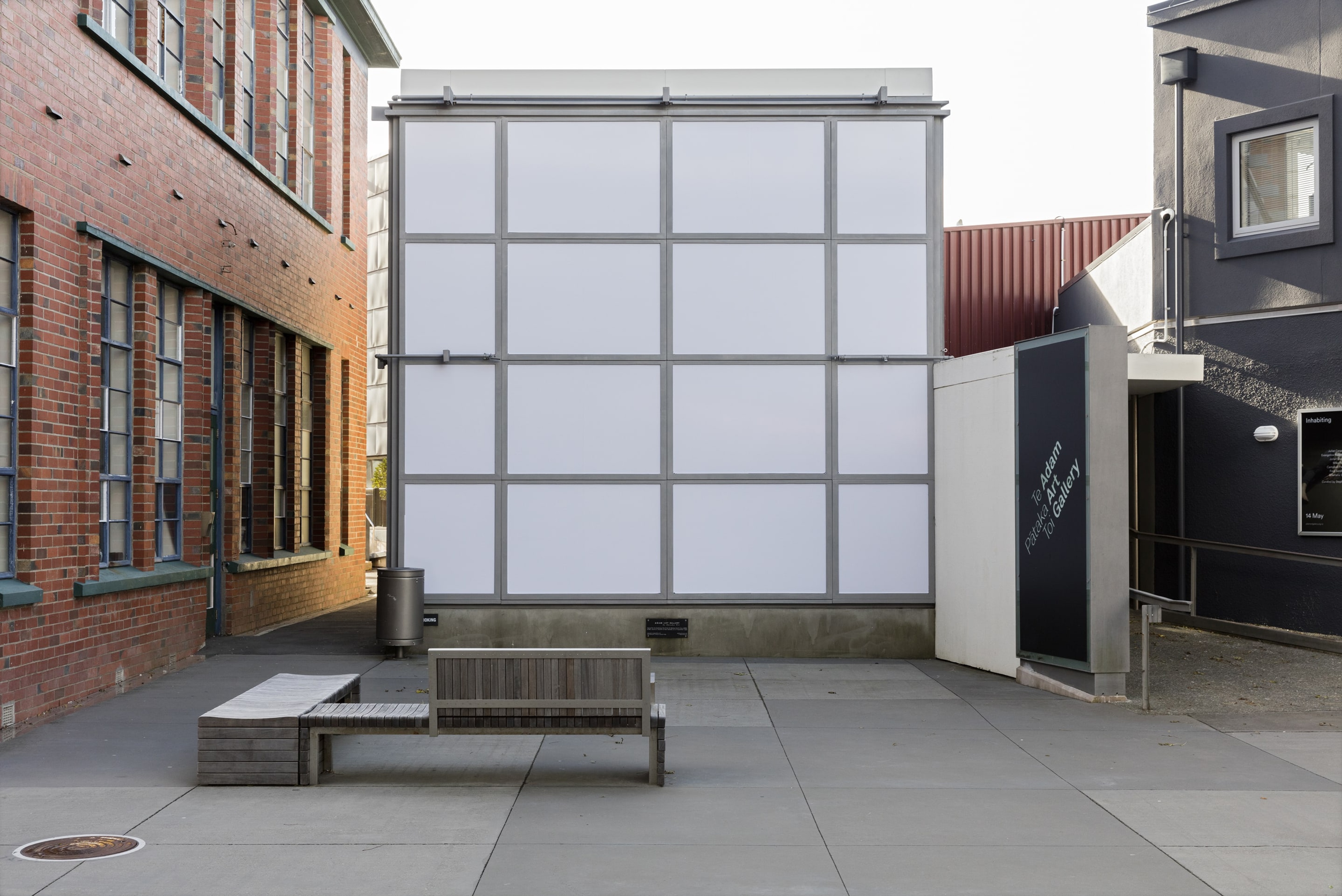 Exterior gallery view, Inhabiting Space exhibition at the Adam Art Gallery Te Pātaka Toi, Victoria University of Wellington (photo: Shaun Waugh)