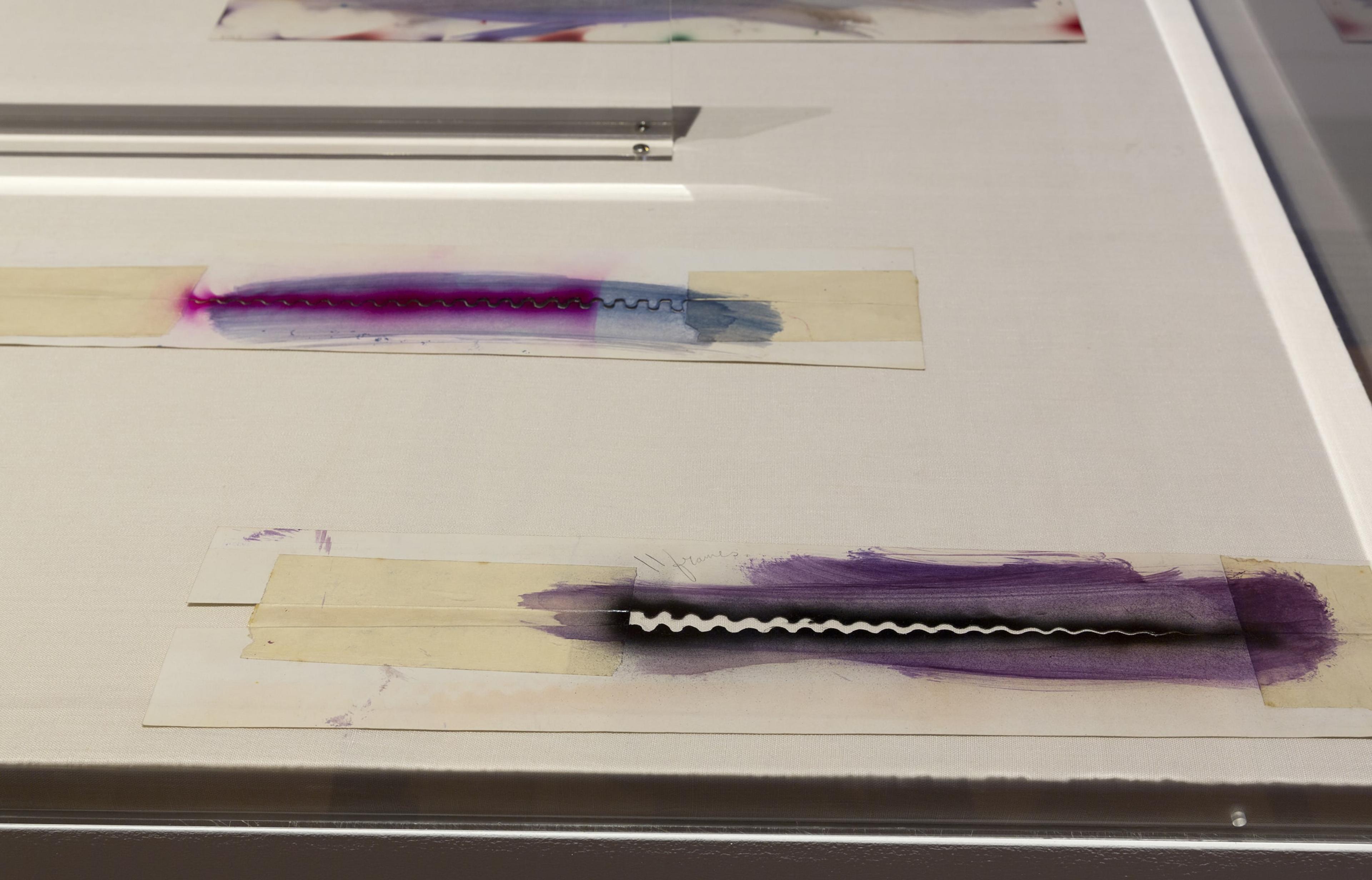 Len Lye, installation view of stencils from Musical Poster #1, 1940. Paint on heavy card, occasional pencil inscriptions, eleven of twenty-one, various dimensions, approx. 490 x 90mm. Courtesy of the Len Lye Foundation, Govett-Brewster Art Gallery.. Photo: Shaun Waugh.