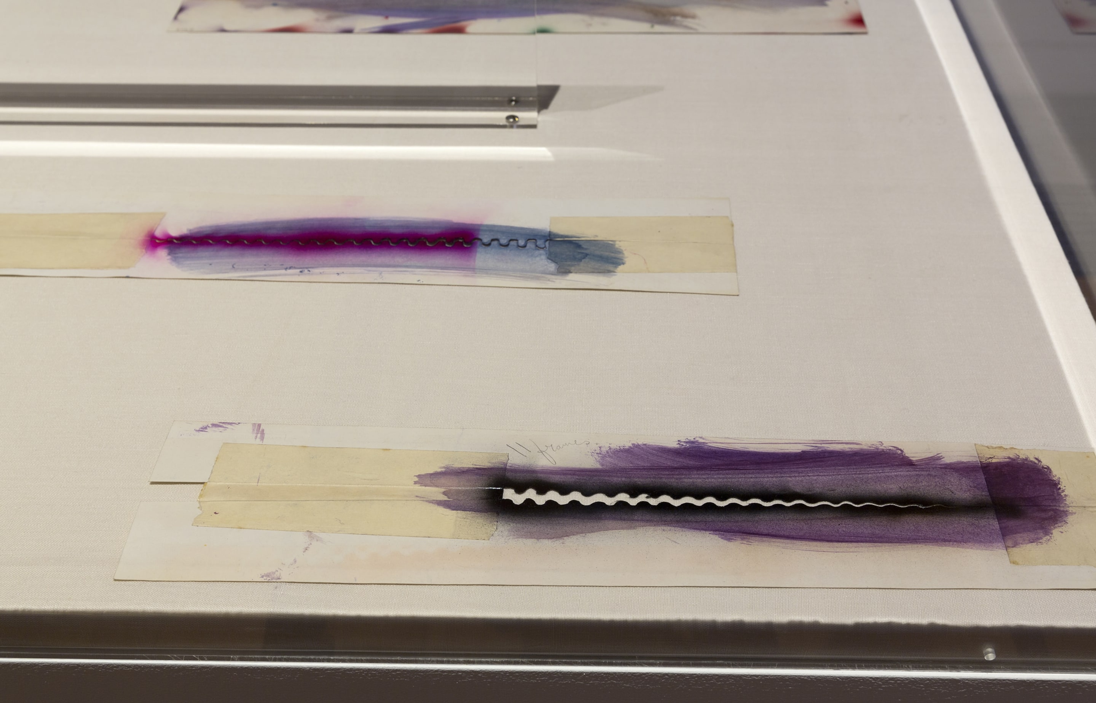 Len Lye, installation view of stencils from Musical Poster #1, 1940. Paint on heavy card, occasional pencil inscriptions, eleven of twenty-one, various dimensions, approx. 490 x 90mm. Courtesy of the Len Lye Foundation, Govett-Brewster Art Gallery.. Photo: Shaun Waugh.