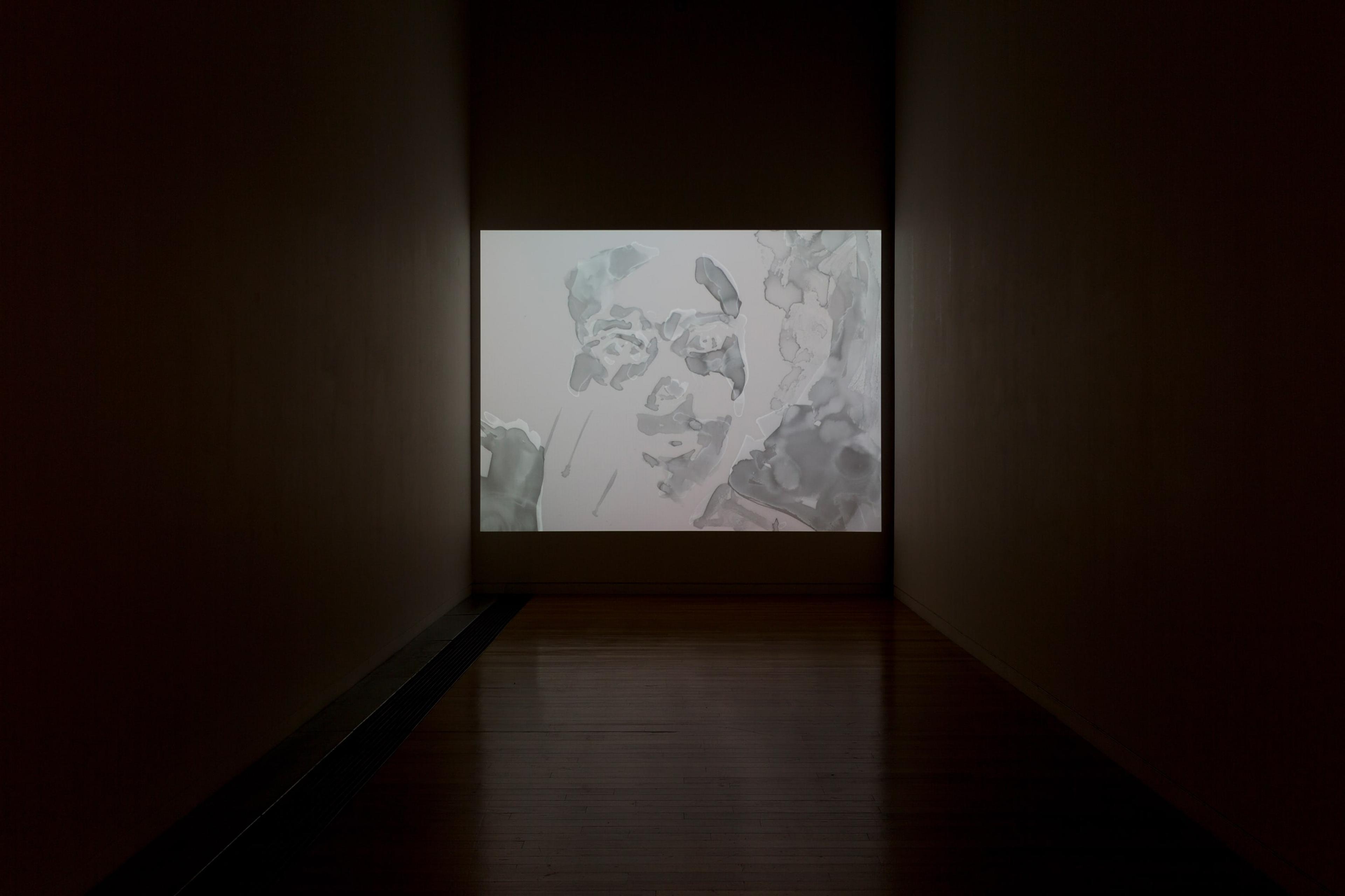 Matt Saunders, installation view of Century Rolls, 2012. Digital video, b&w, colour, silent, 10:45mins. Animated ink on mylar paintings. Commissioned by Tate Liverpool. Courtesy of the artist. Photo: Shaun Waugh.