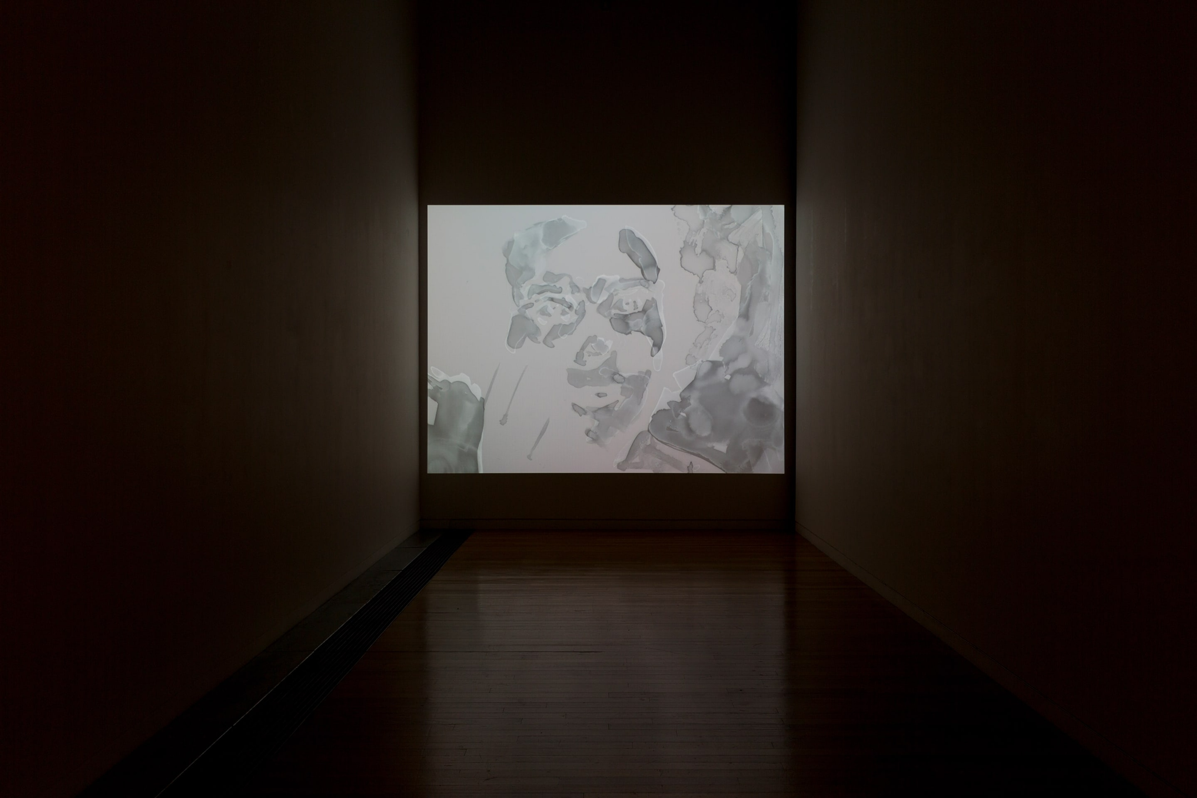 Matt Saunders, installation view of Century Rolls, 2012. Digital video, b&w, colour, silent, 10:45mins. Animated ink on mylar paintings. Commissioned by Tate Liverpool. Courtesy of the artist. Photo: Shaun Waugh.