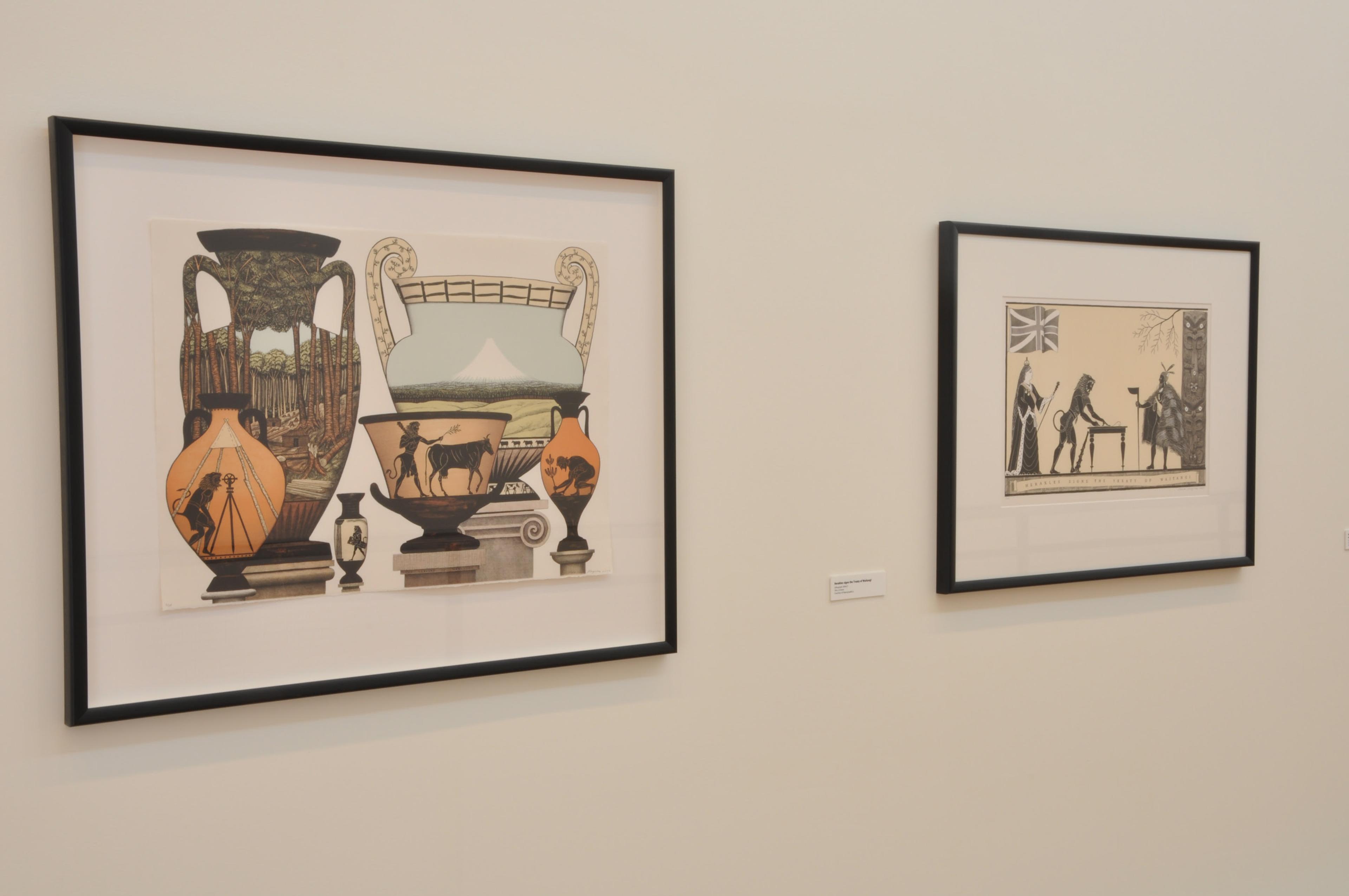 Installation view, Marian Maguire, The Labours of Herakles, in Source Material: Five Conversations with the Past, Adam Art Gallery Te Pātaka Toi, Victoria University of Wellington, 2009