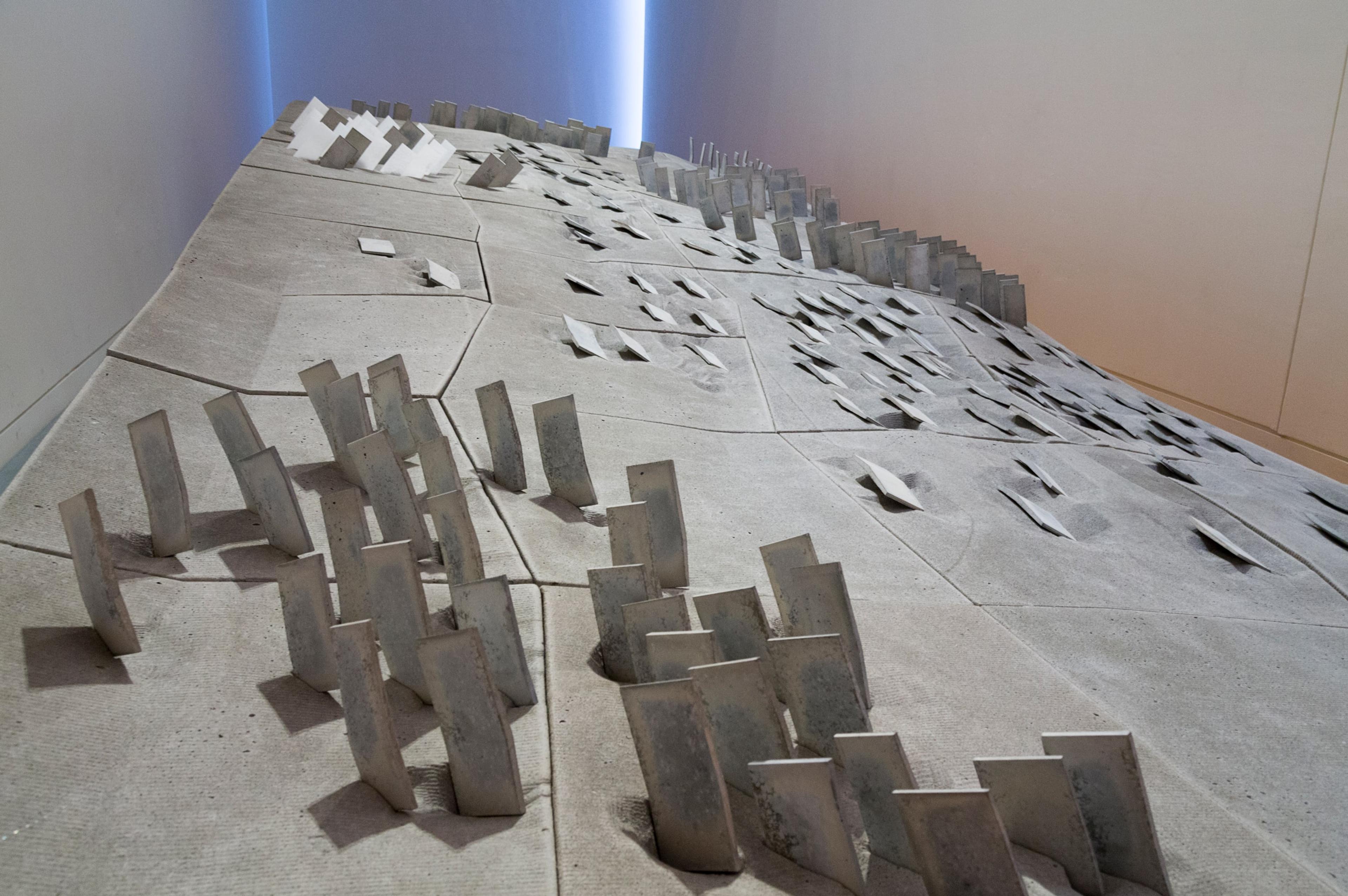 Simon Twose, detail view of Concrete Drawing, 2014-5, concrete, polystyrene, wax, photographs and graphite, in the exhibition Drawing Is/Not Building at the Adam Art Gallery Te Pātaka Toi, Victoria University of Wellington (photo: Shaun Waugh)