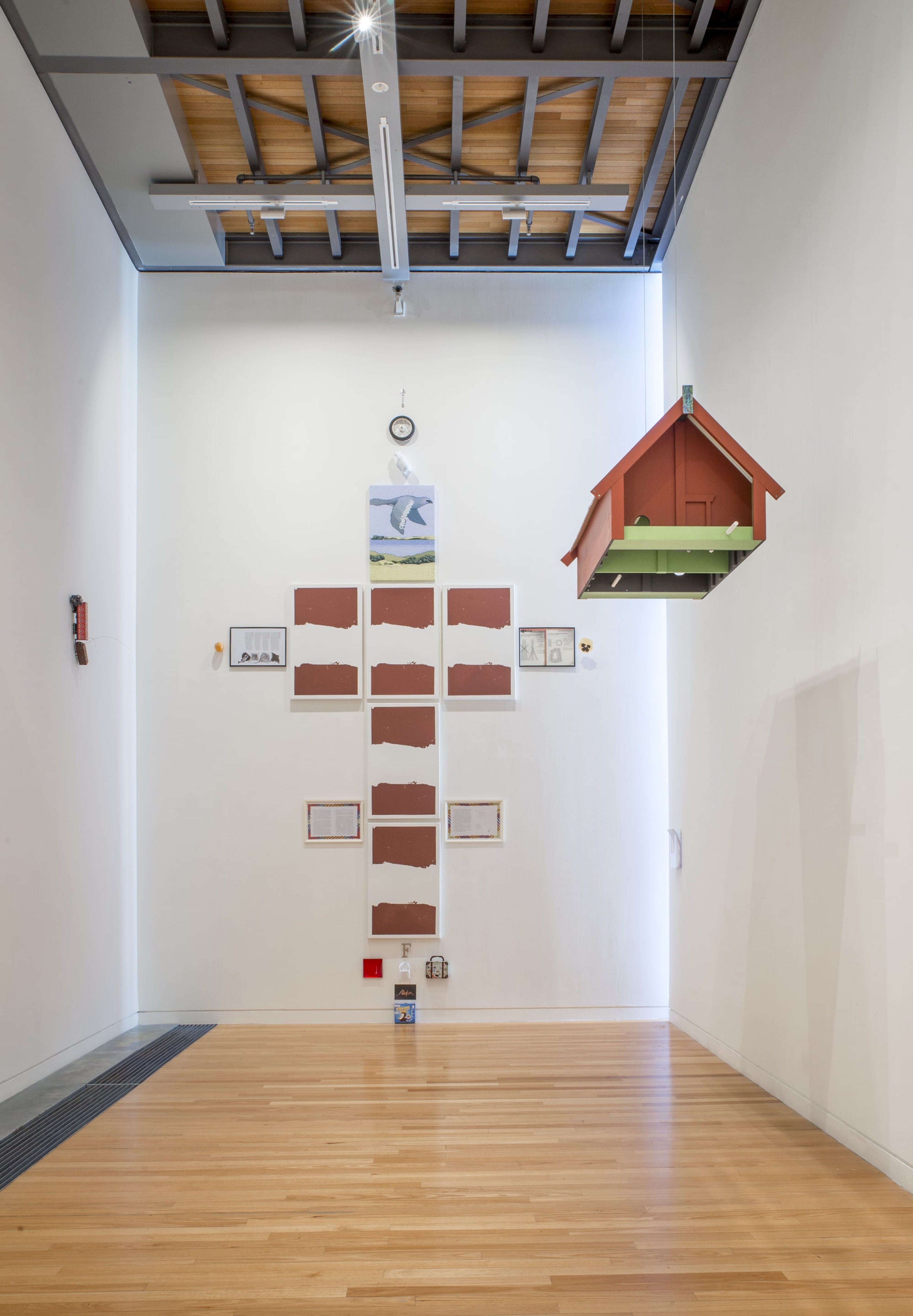 Yllwbro, Flowers of the Field III, 2017, mixed media; Te Tohu o Kōanga, 2017, plywood, baby zincalume, steel screws, panel pin nails, pine dowel, braided wire, Le Corbusier Polychromie acrylic, paua shell laminate; and Tipi Haere: Miss Wētā’s All-Terrain Caravan & Mobile Home, 2017, ‘MAN Road Hauler’ toy articulated truck and caravan, die cast metal, plastic, automotive spray paint, ‘Beehive’ matchbox labels, leaf litter, striker, copper wire. Courtesy of the artists and Mokopōpaki, Auckland. On view in the exhibition The Tomorrow People, Adam Art Gallery Te Pātaka Toi, 22 July – 1 October 2017, photo: Shaun Matthews