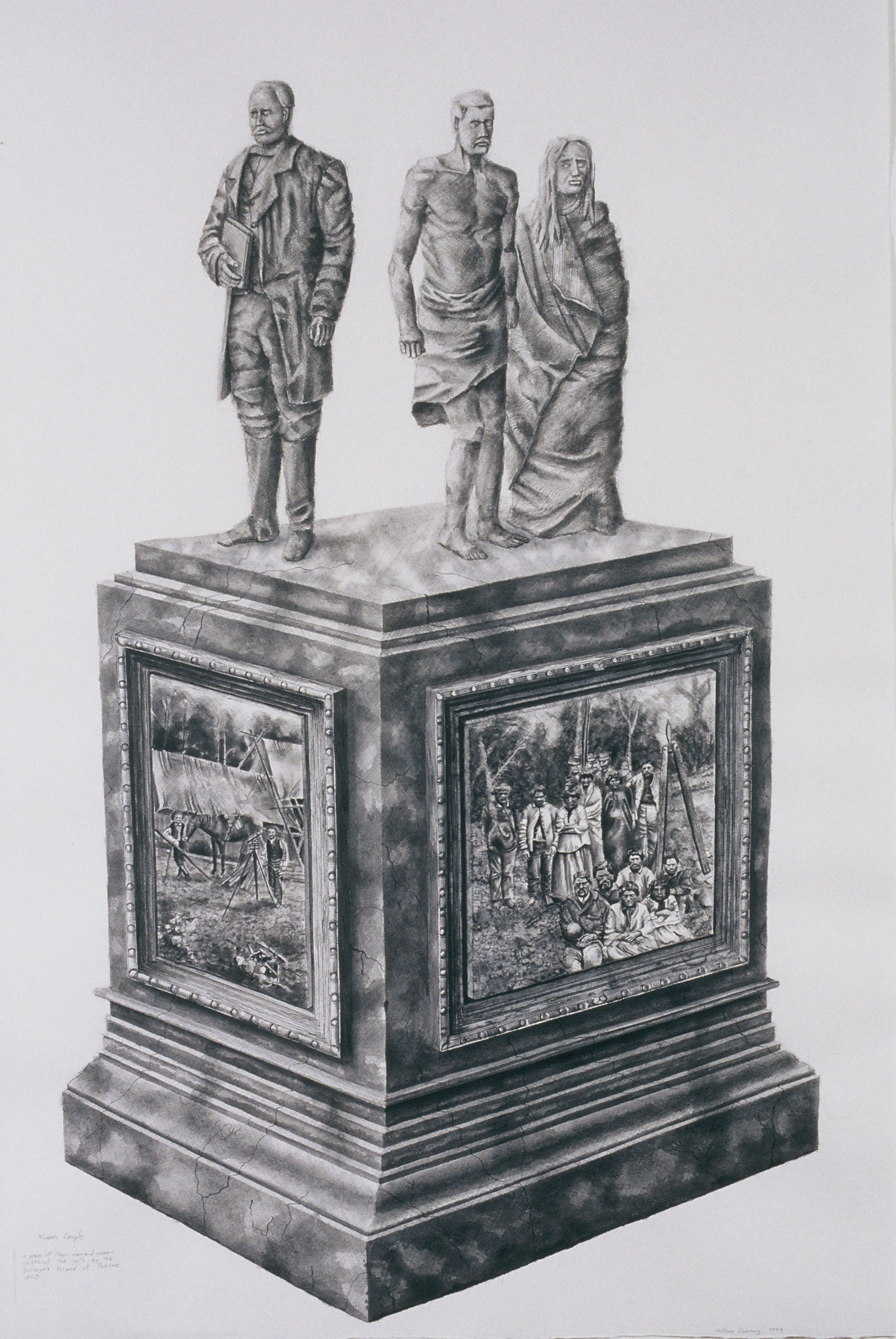 William Dunning, Back to back, Edward Wakefield/Māori couple, 1850, 1994, charcoal & acrylic wash on paper, Ngā Puhipuhi o Te Herenga Waka—Victoria University of Wellington Art Collection, purchased 1994. 