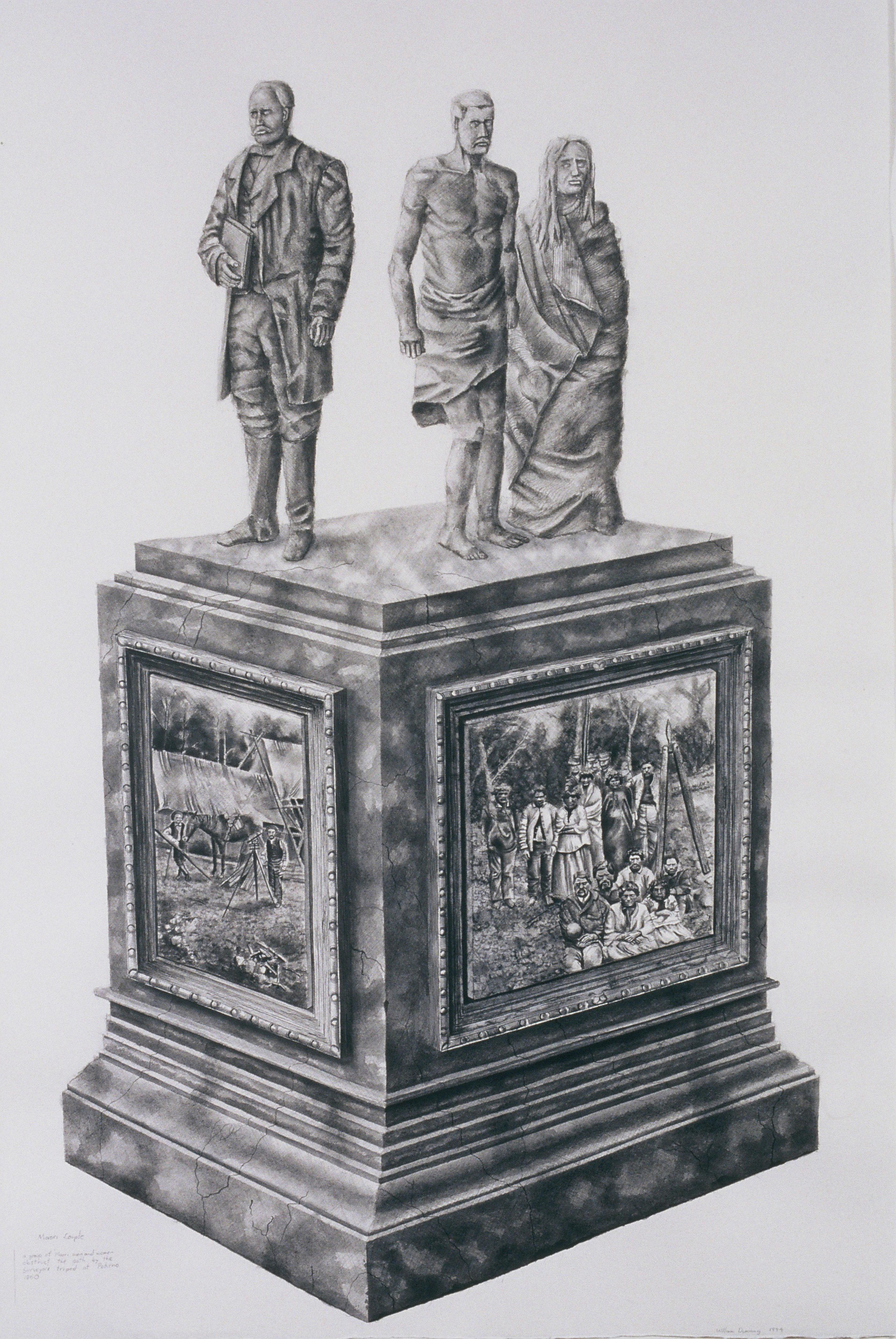 William Dunning, Back to back, Edward Wakefield/Māori couple, 1850, 1994, charcoal & acrylic wash on paper, Ngā Puhipuhi o Te Herenga Waka—Victoria University of Wellington Art Collection, purchased 1994.