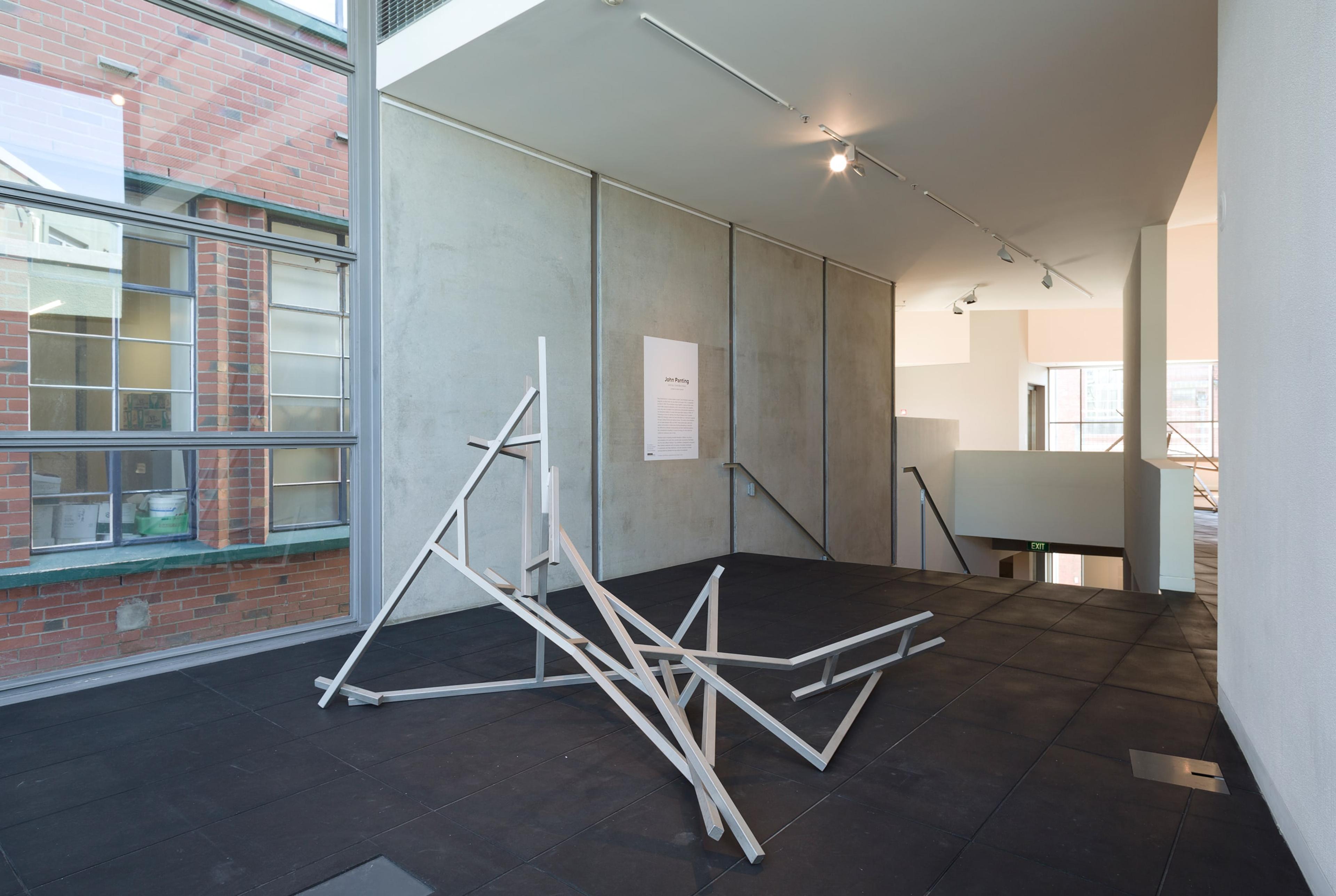 Installation view of John Panting: Spatial Constructions at the Adam Art Gallery, showing 5.12 (Untitled V) , 1972–73, steel, 183 x 305 x 152cm. Collection of Christchurch Art Gallery Te Puna o Waiwhetu. Photo: Shaun Waugh