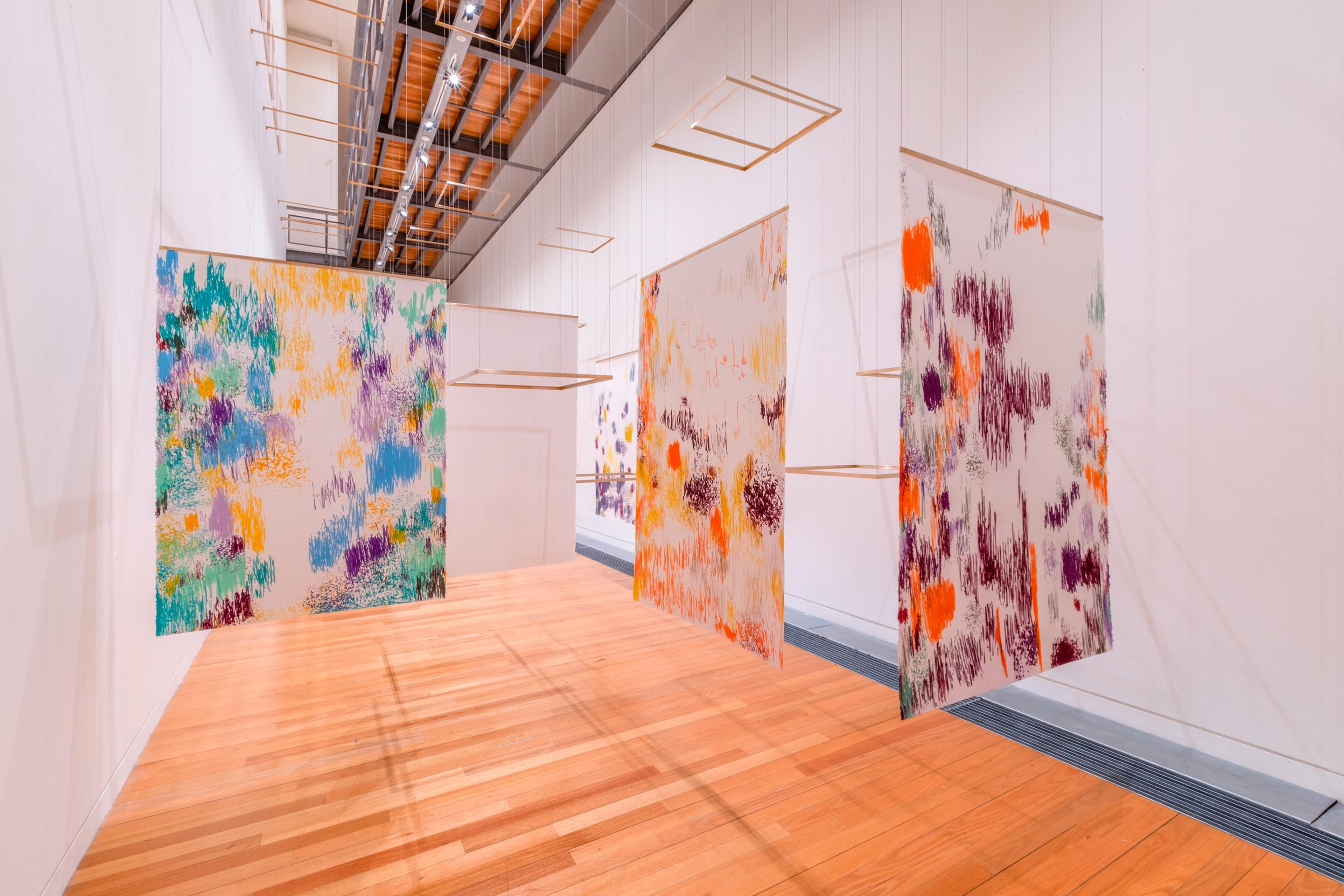 Installation view, Pieces on Earth (2020) in Energy Work: Kathy Barry/Sarah Smuts Kennedy, Te Pātaka Toi Adam Art Gallery, Victoria University of Wellington. Photo: Ted Whitaker