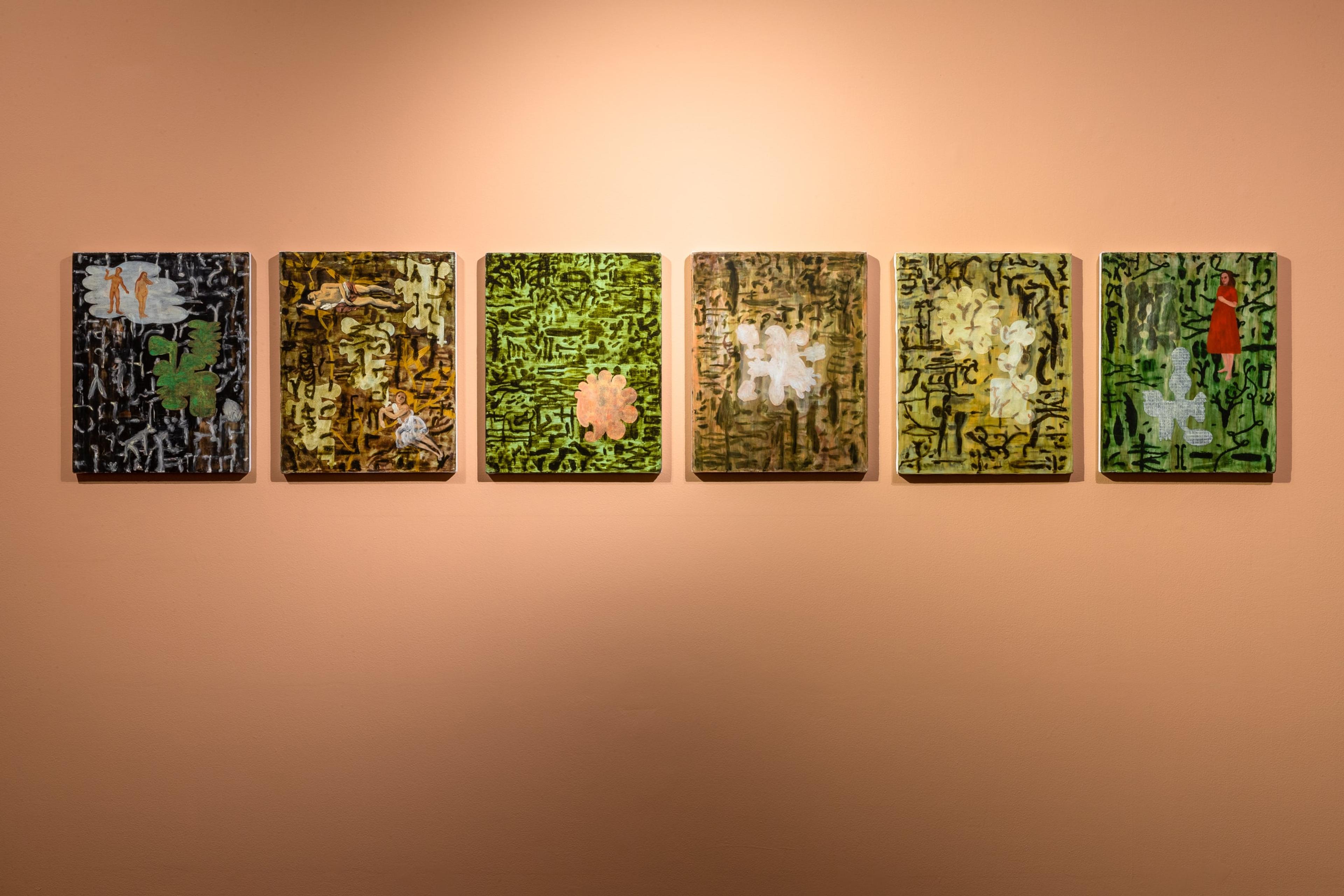 Barbara Tuck, Iris Gate, 1999, oil and encaustic on canvas, 6 x 510 x 400mm. Installation view, Barbara Tuck – Delirium Crossing, Te Pātaka Toi Adam Art Gallery, Wellington, Victoria University of Wellington. Photo by Ted Whitaker.