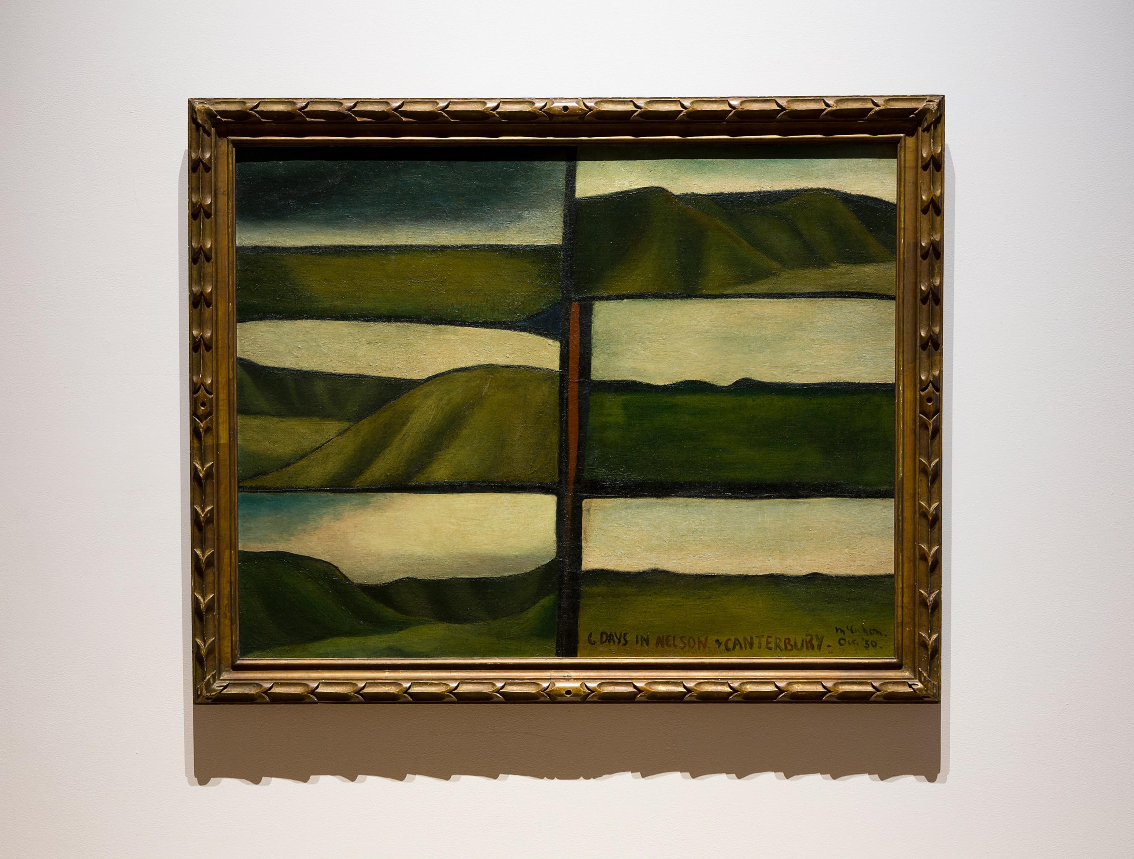 Colin McCahon, installation view of Six days in Nelson and Canterbury, 1950. Oil on canvas, 885 x 1165 mm. Auckland Art Gallery Toi o Tāmaki, gift of Colin McCahon through the Friends of the Auckland Art Gallery, 1978. Photo: Shaun Waugh.