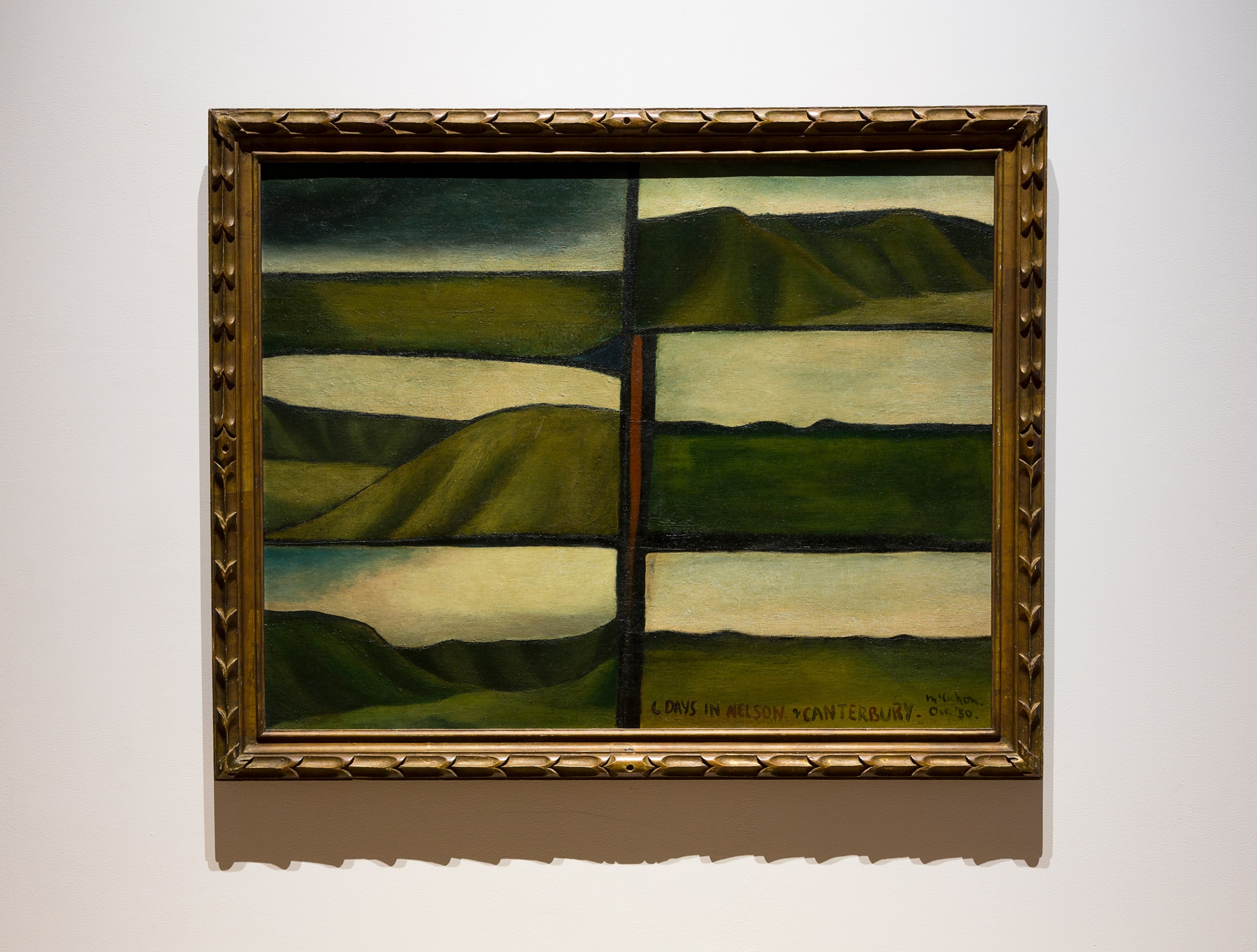 Colin McCahon, installation view of Six days in Nelson and Canterbury, 1950. Oil on canvas, 885 x 1165 mm. Auckland Art Gallery Toi o Tāmaki, gift of Colin McCahon through the Friends of the Auckland Art Gallery, 1978. Photo: Shaun Waugh.