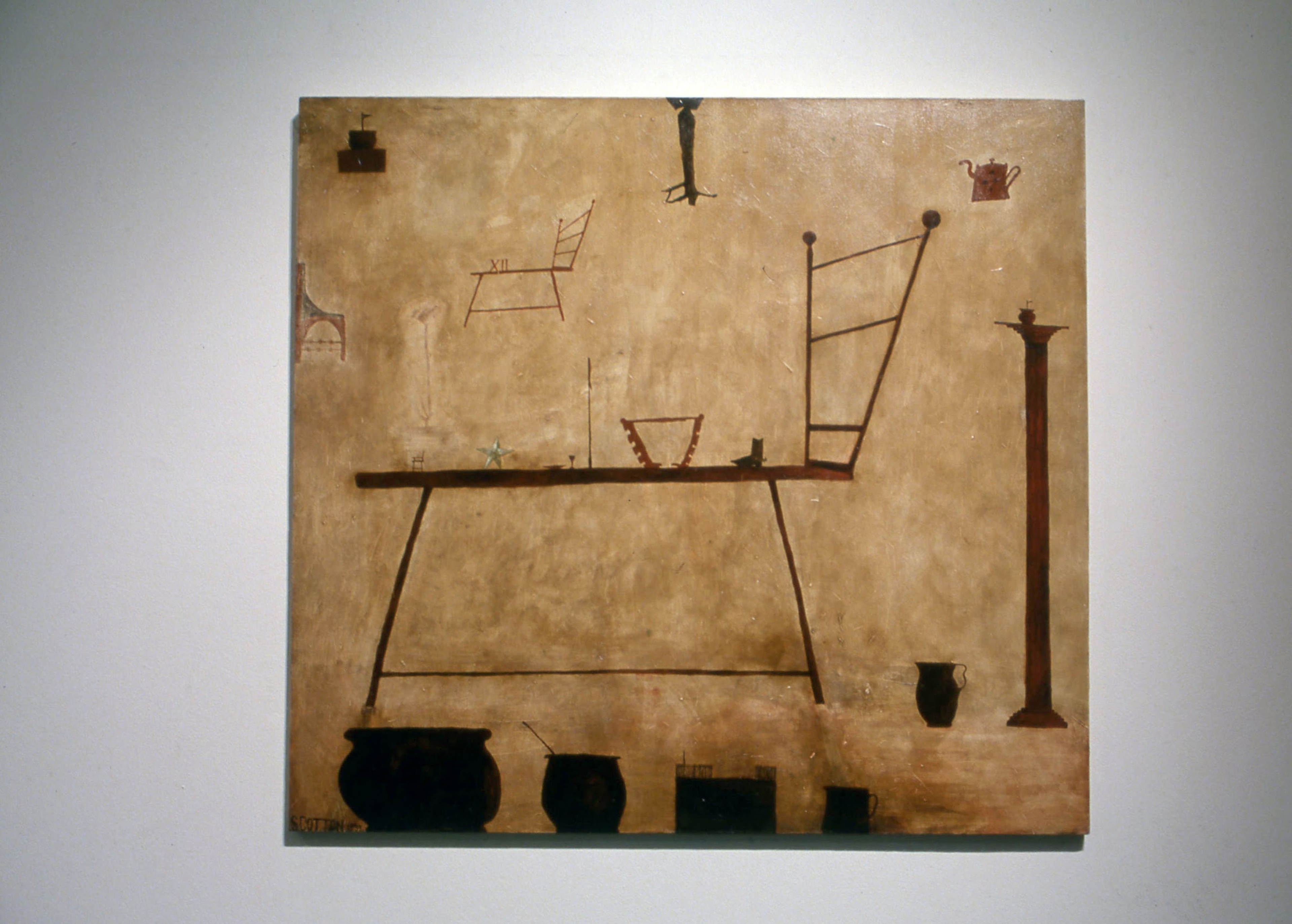 Shane Cotton, Compressed View, 1993, oil on canvas, 1800 x 1600mm. Installation view, Alive! Still Life into Twenty First Century, Adam Art Gallery Te Pātaka Toi, Victoria University of Wellington, 2001