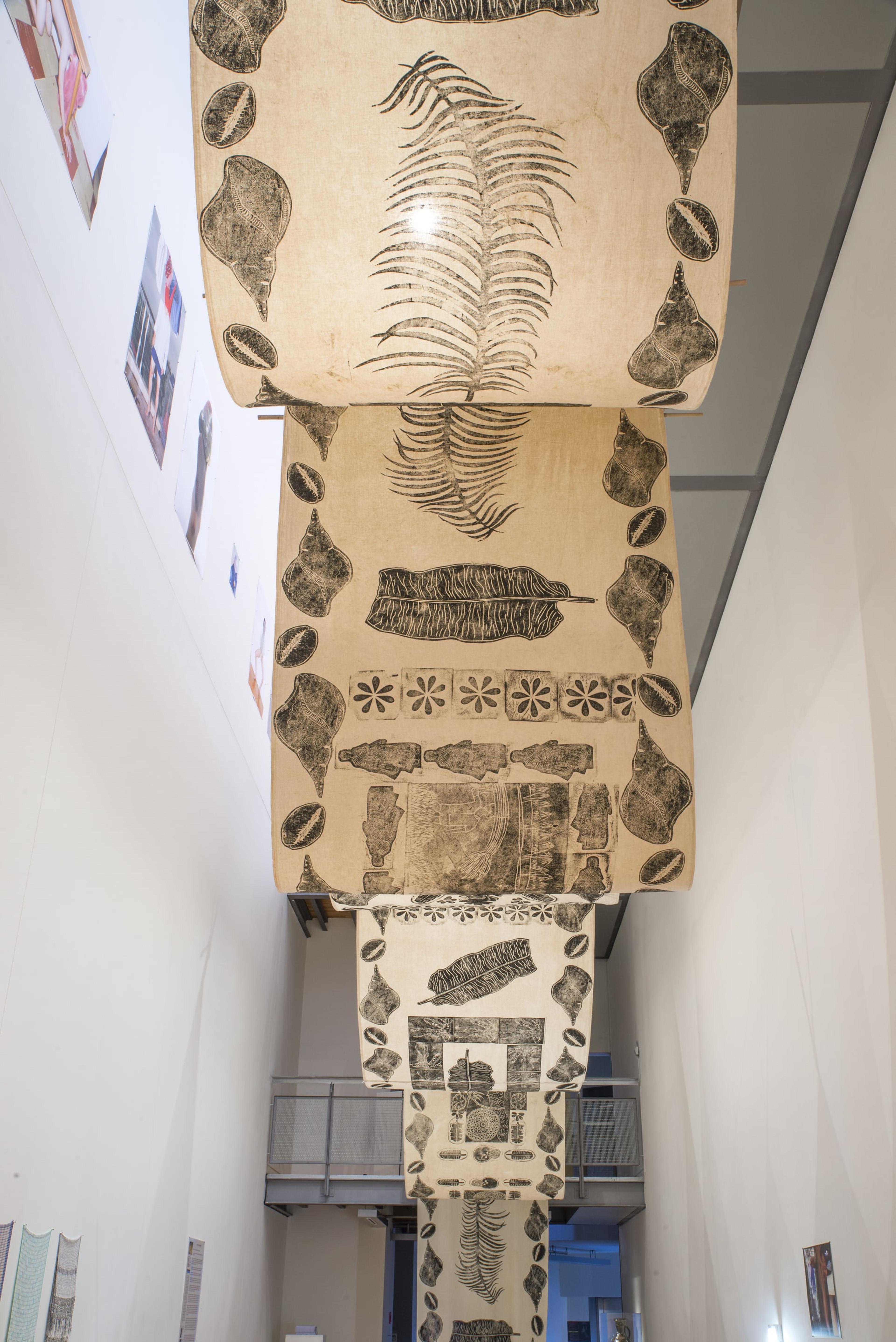 Quishile Charan, Temporary Vanua, 2016, cotton, textile ink, bamboo, rope. Courtesy of the artist. On view in the exhibition The Tomorrow People, Adam Art Gallery Te Pātaka Toi, 22 July – 1 October 2017, photo: Shaun Matthews