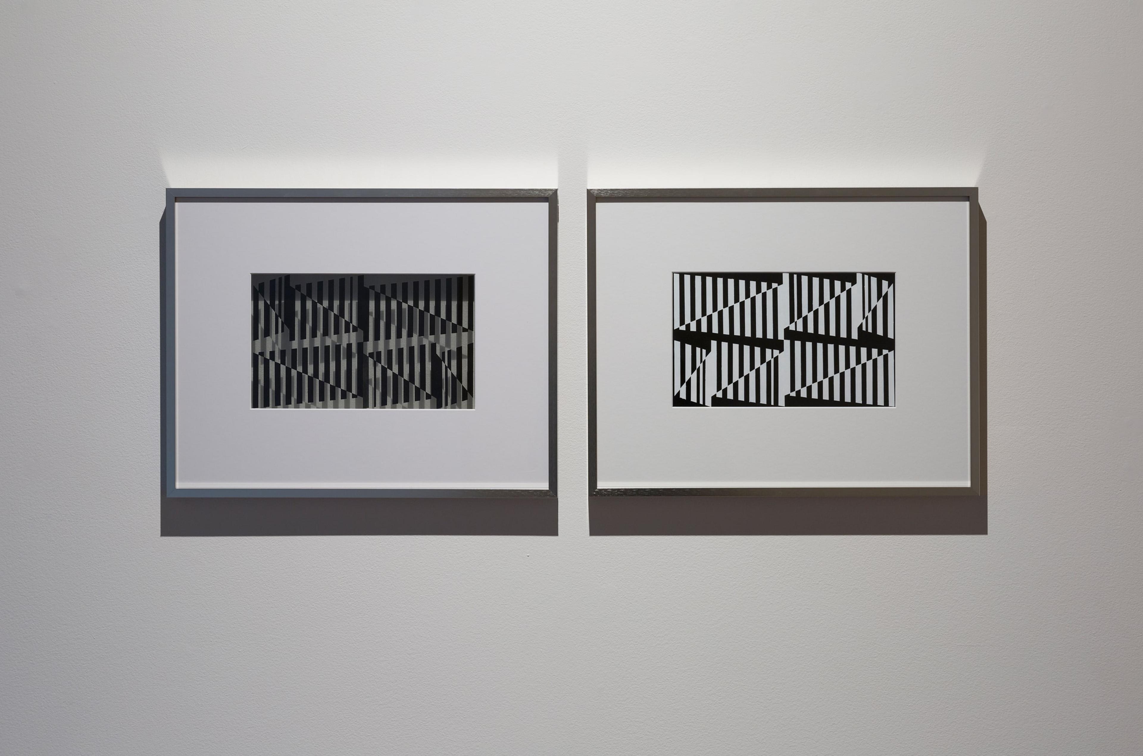 Andrew Beck, Hélio Oiticica, Metaesquema 1957 (Remake with Transparency) 2015, acrylic on silver gelatin print with transparency, two framed works, 490 x 390mm each. Courtesy of the artist and Hamish McKay Gallery (photo: Shaun Waugh)