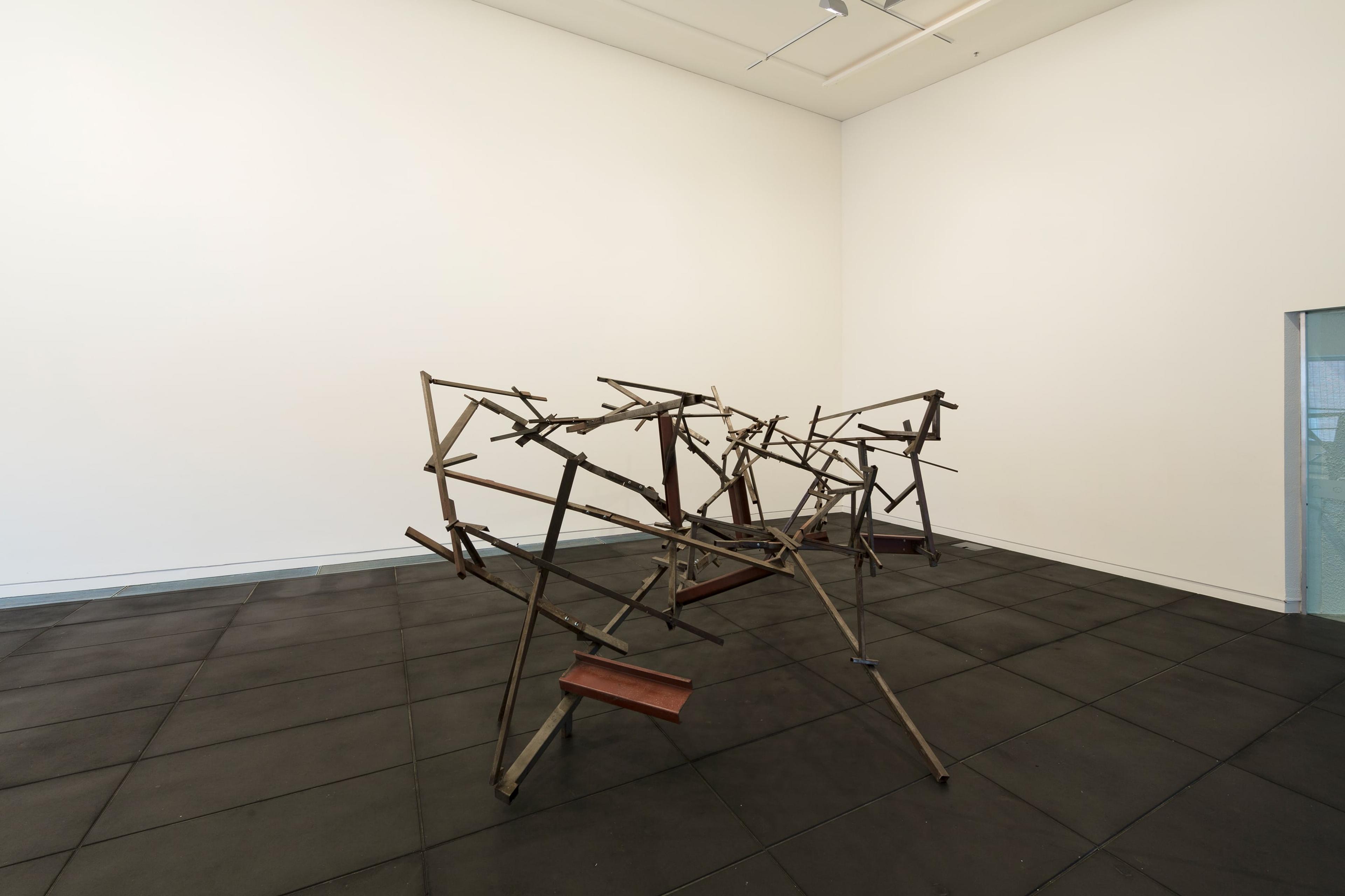 Installation view of John Panting: Spatial Constructions at the Adam Art Gallery, showing 6.08 (Untitled VIII), 1973–74, steel, 244 x 366 x 244cm. Collection of Museum of New Zealand Te Papa Tongarewa, 1977-0006-1. Photo: Shaun Waugh.