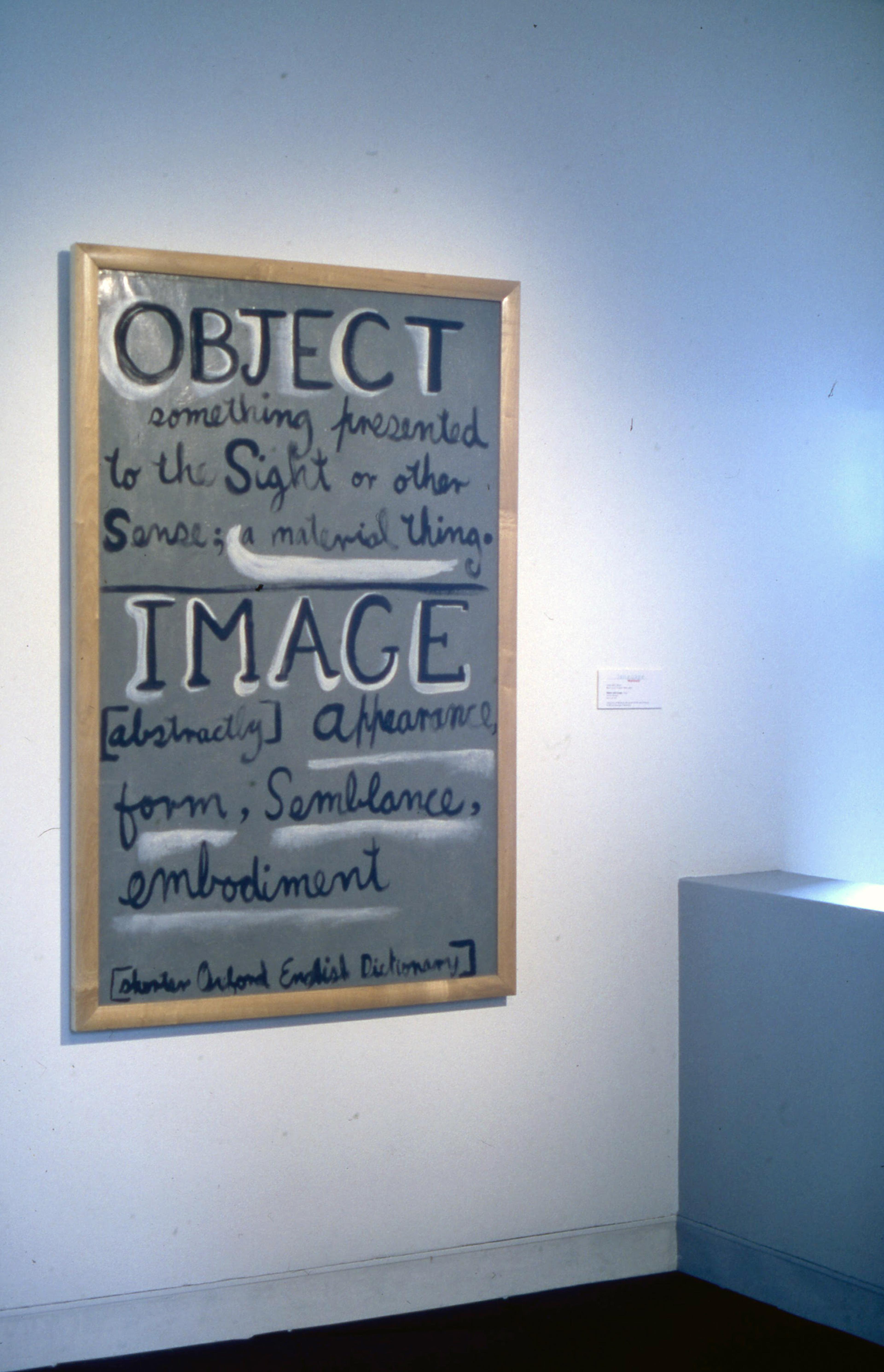 Colin McCahon, Object and image, 1954, oil on canvas, 1470 x 910mm, Collection of Waikato Museum of Art and History Te Whare Taonga o Waikato. Installation view, Language Matters, Adam Art Gallery Te Pātaka Toi, Victoria University of Wellington, 2000