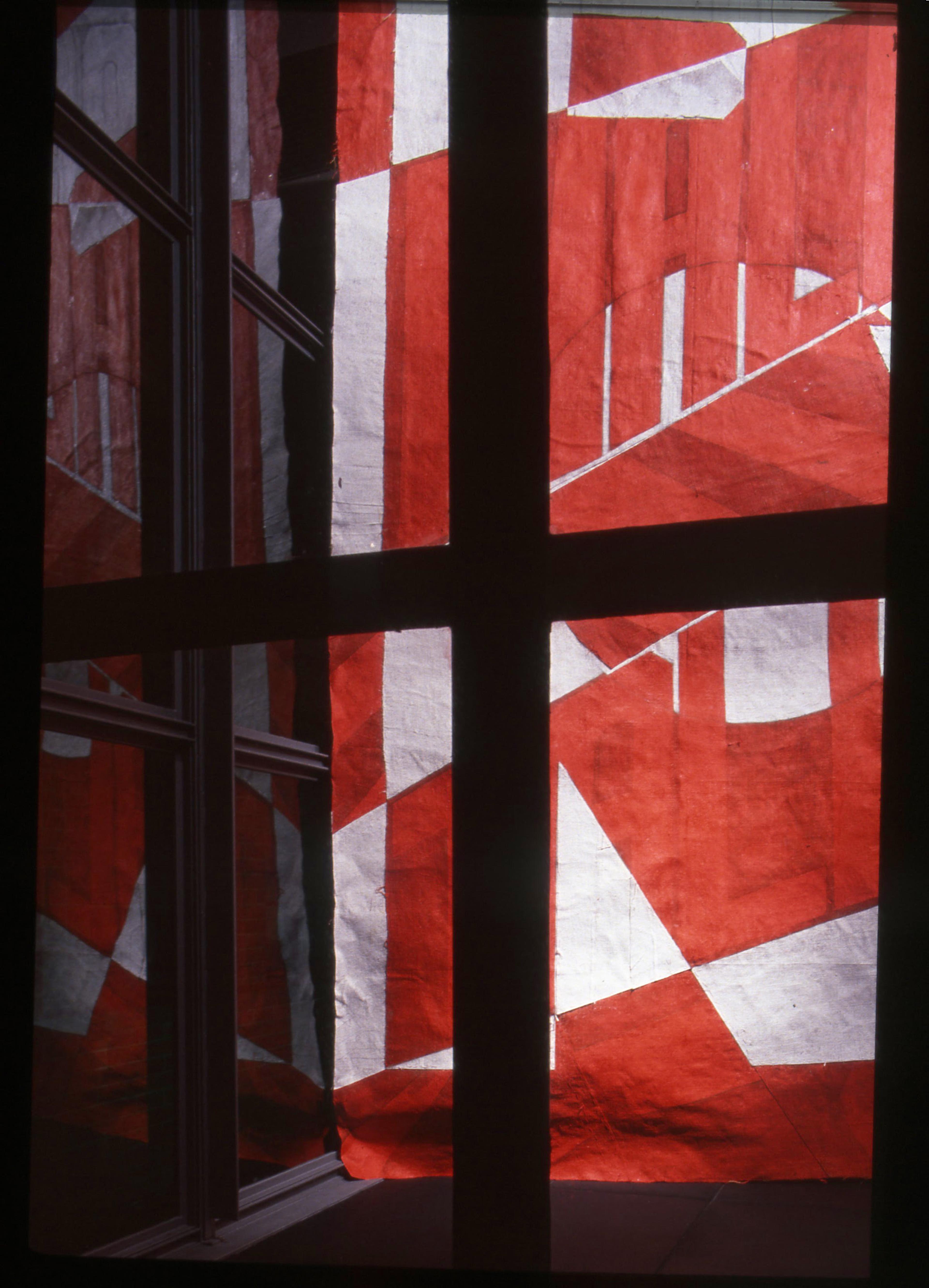 Rose Nolan, RN Banner – Walk Tall, 2000, oil and acrylic on hessian with cotton thread, dowel and nylon rope, 4200 x 2000mm. Installation view, Language Matters, Adam Art Gallery Te Pātaka Toi, Victoria University of Wellington, 2000