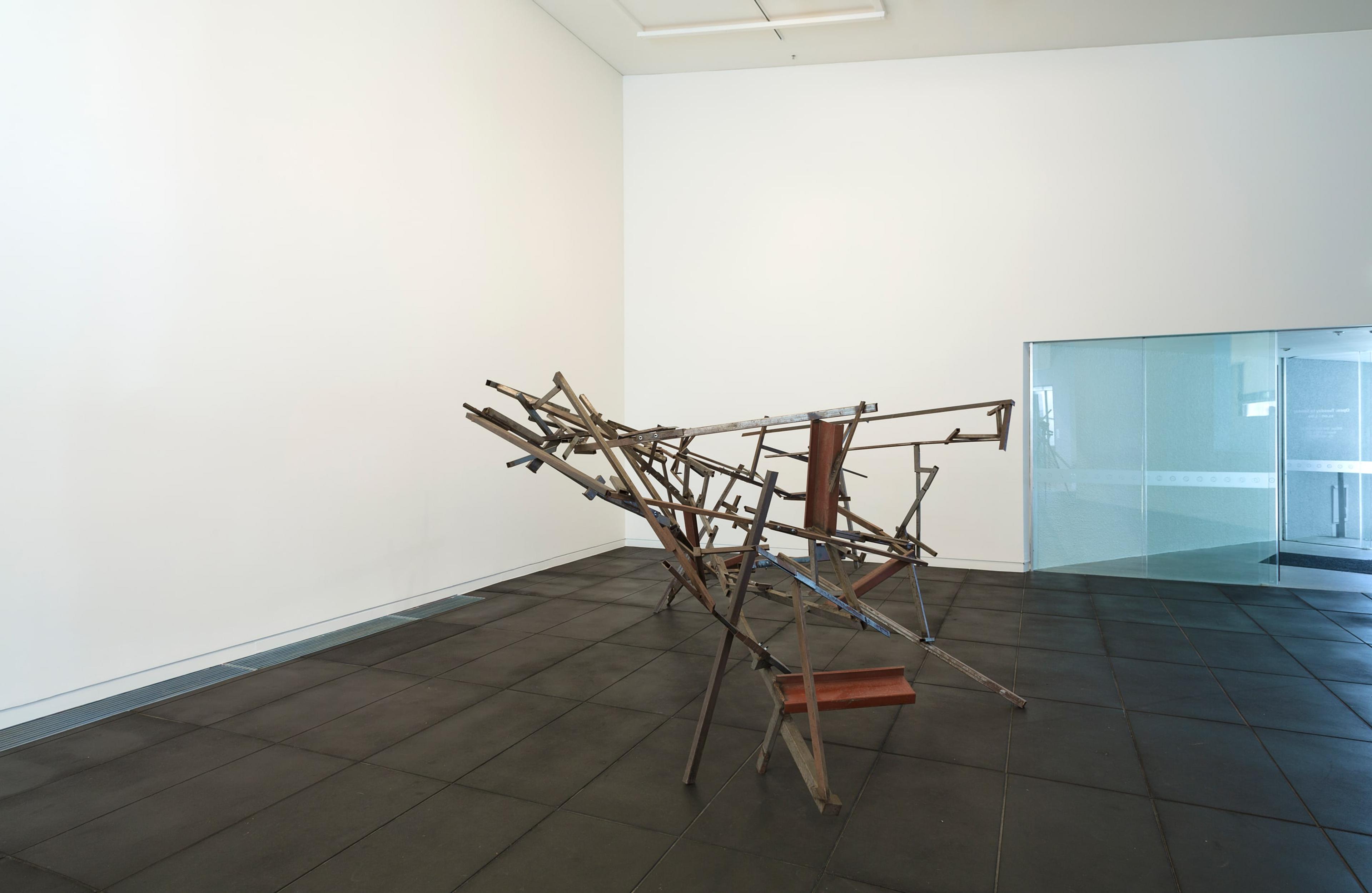 Installation view of John Panting: Spatial Constructions at the Adam Art Gallery, showing 6.08 (Untitled VIII), 1973–74, steel, 244 x 366 x 244cm. Collection of Museum of New Zealand Te Papa Tongarewa, 1977-0006-1. Photo: Shaun Waugh.