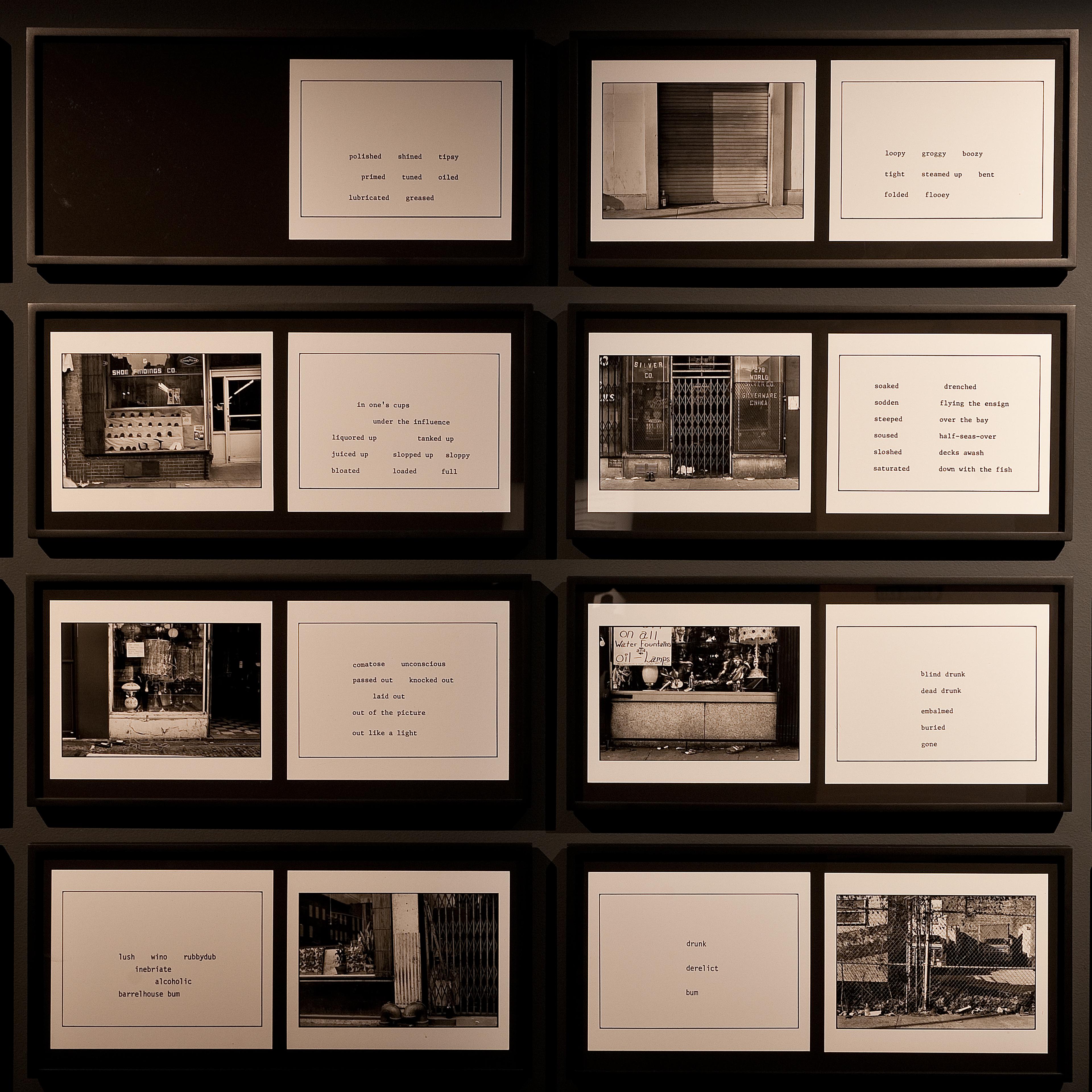 Martha Rosler, The Bowery in Two Inadequate Descriptive Systems, 1974-75, Series of 45 gelatin silver prints of text and images on 24 backing boards. Installation view, Martha Rosler: The Bowery in Two Inadequate Descriptive Systems, Adam Art Gallery Te Pātaka Toi, Victoria University of Wellington. Photo: Robert Cross