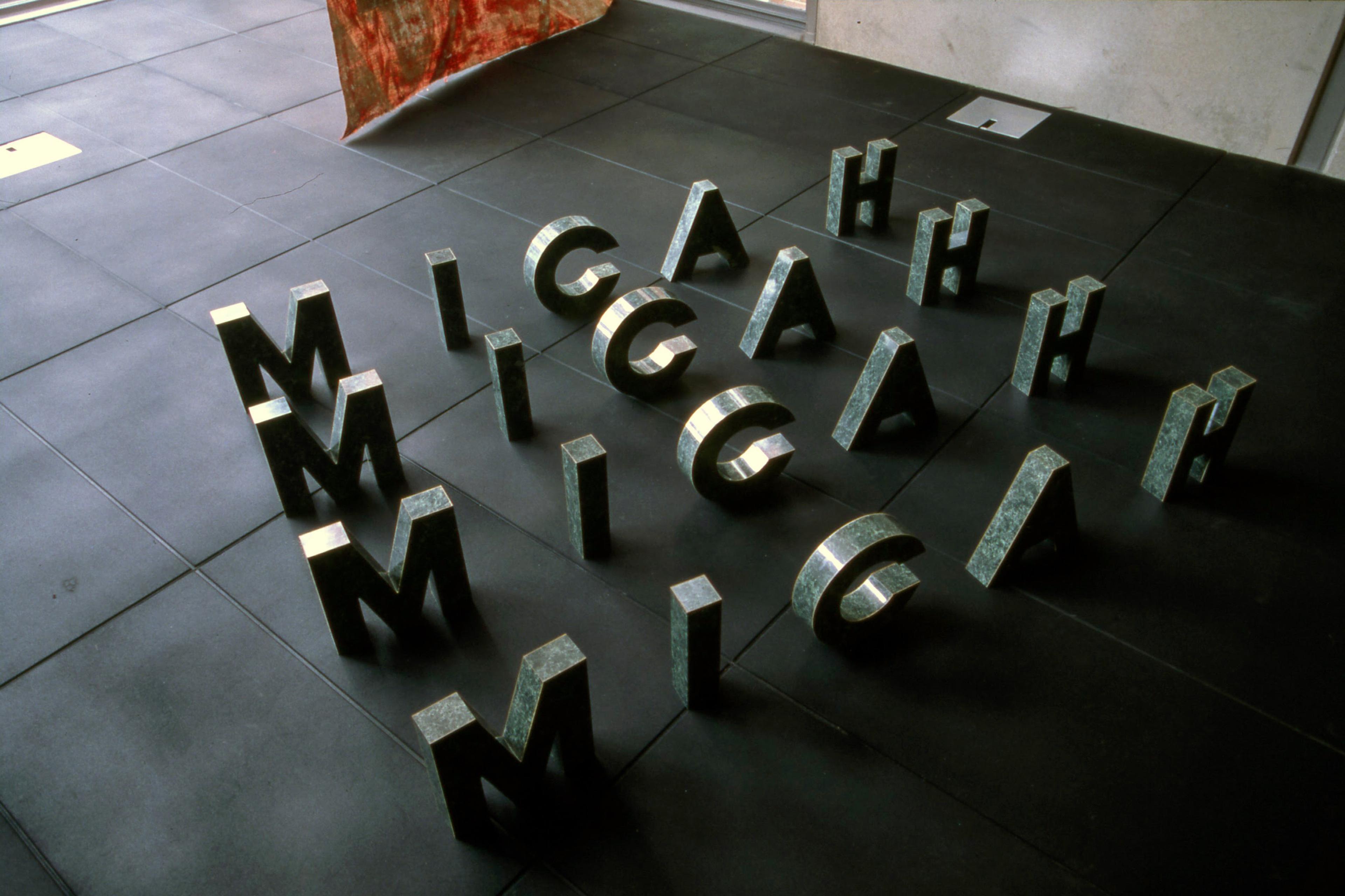 Michael Parekowhai, ‘Everyone will live quietly’, Michah 4:4, 1990, Formica on wood, 255 x 2200 x 1500mm. Installation view, Language Matters, Adam Art Gallery Te Pātaka Toi, Victoria University of Wellington, 2000