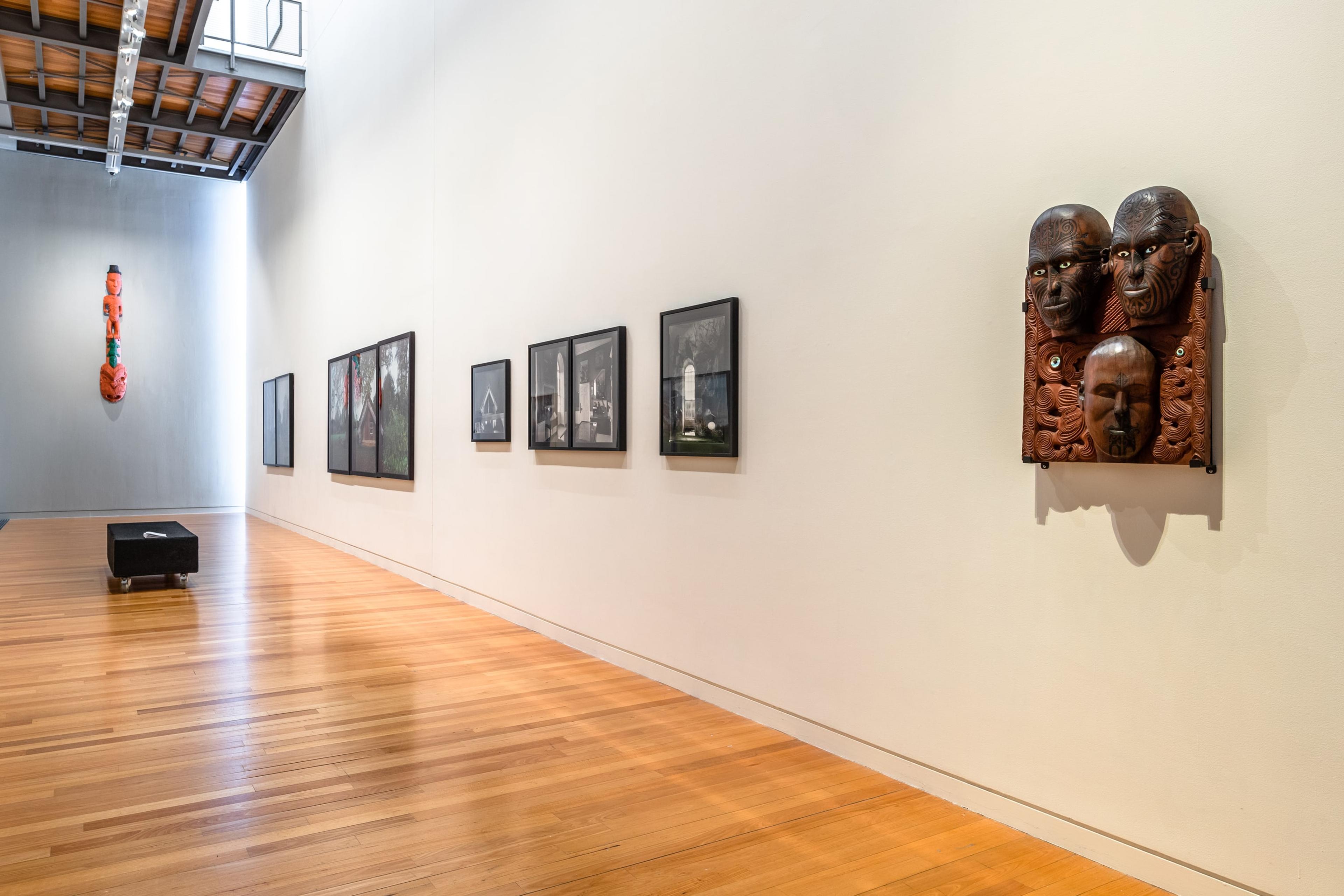 Installation view, Mark Adams, Hinemihi: Te Hokinga-The Return, in Tēnei Ao Tūroa – This Enduring World, Te Pātaka Toi Adam Art Gallery. Photo: Ted Whitaker