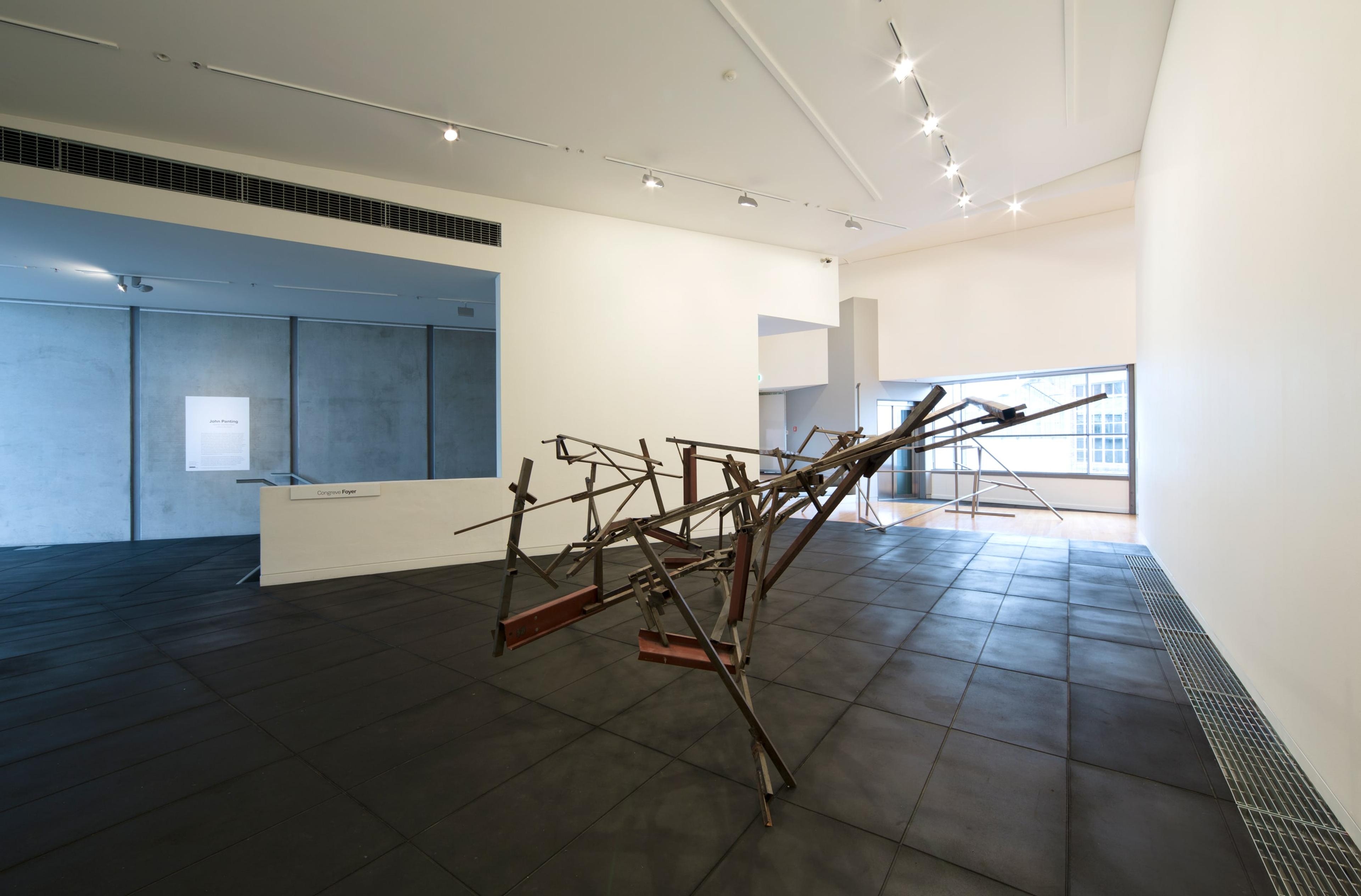 Installation view of John Panting: Spatial Constructions at the Adam Art Gallery, showing 6.08 (Untitled VIII), 1973–74, steel, 244 x 366 x 244cm. Collection of Museum of New Zealand Te Papa Tongarewa, 1977-0006-1. Photo: Shaun Waugh.