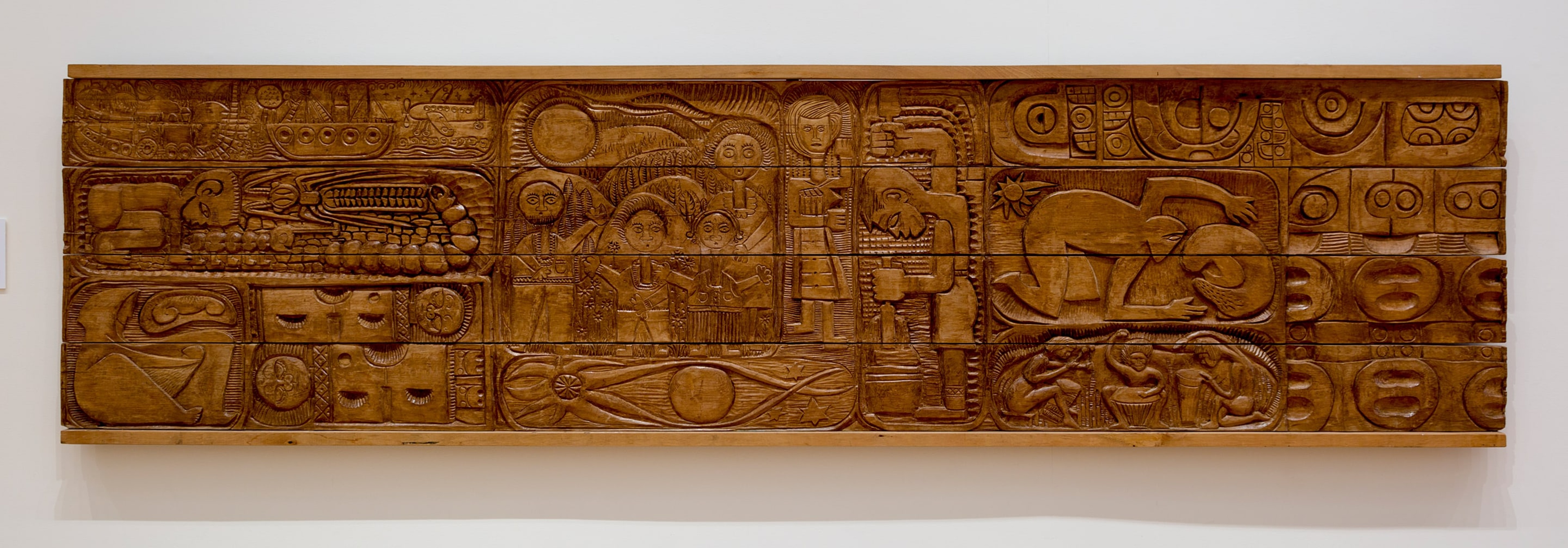 Students of Gordon Tovey including Cliff Whiting, Paratene Matchitt, David Aitken, Murray Gilbert, Roland Decke, Roger Hardie, Kerk Taylor, Lawson Fraser, Feilding Panel, 1964, Totara, Victoria University of Wellington Art Collection, gifted 2013