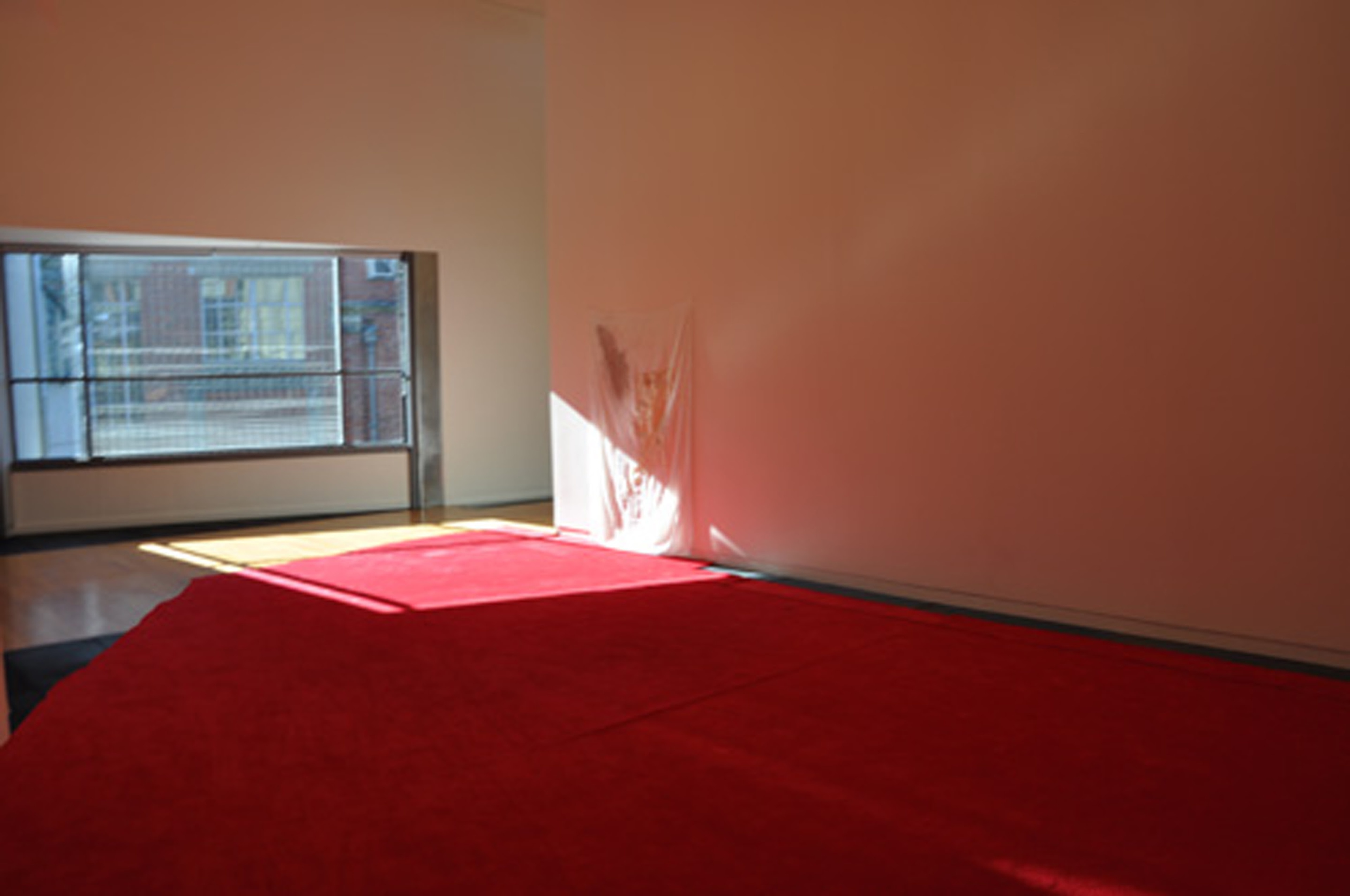 Kate Newby, Falling over with surprise, 2009, carpet, sheets, oil, coffee stains, red wine, lip balm, wood, scaffolding, paint, ceramics. Installation view, The Future is Unwritten, Adam Art Gallery Te Pātaka Toi, Victoria University of Wellington, 2009 