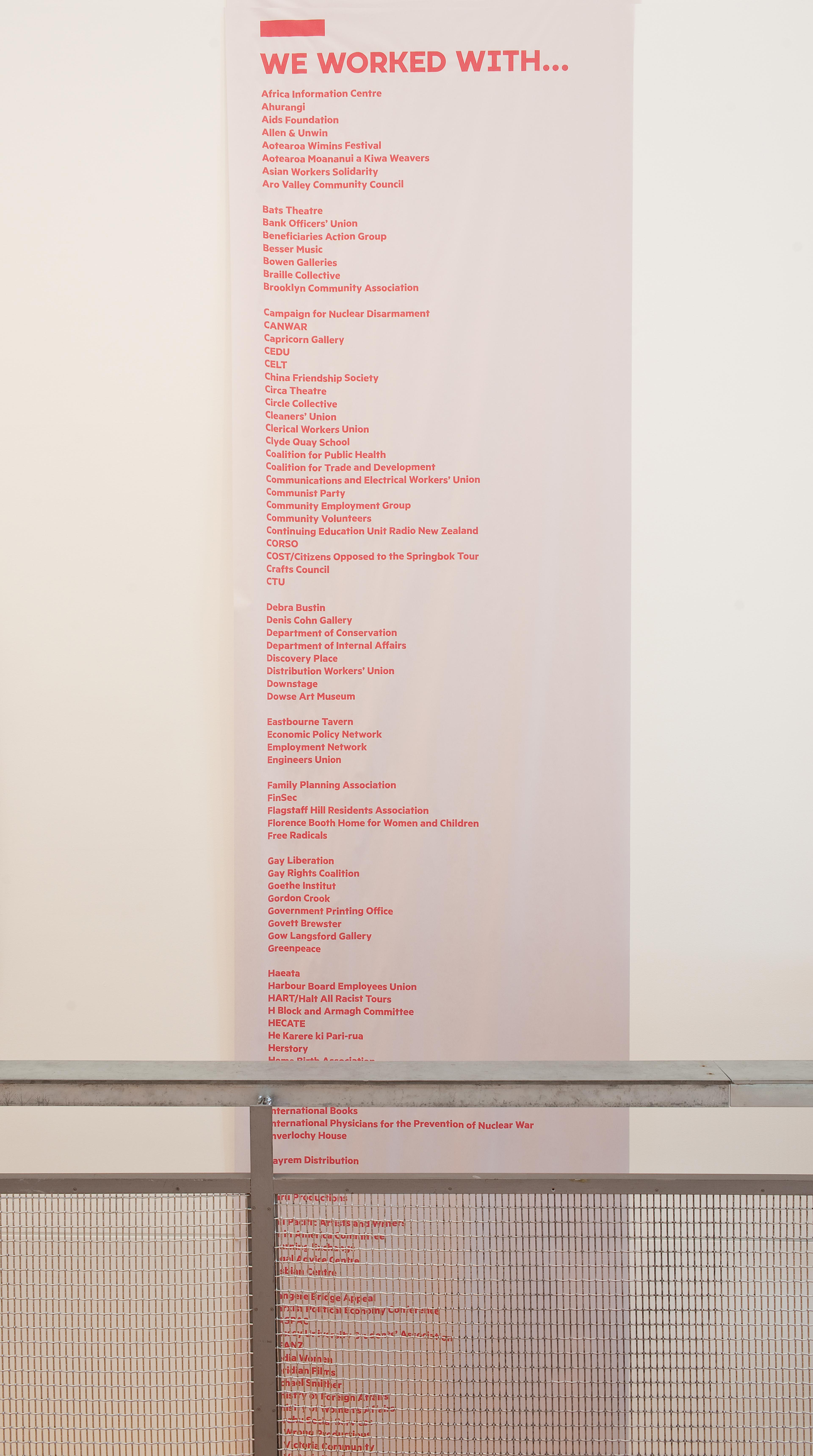 Installation view, We Will Work With You! Wellington Media Collective 1978-1998, Te Pātaka Toi Adam Art Gallery, Victoria University of Wellington. Photo: Robert Cross