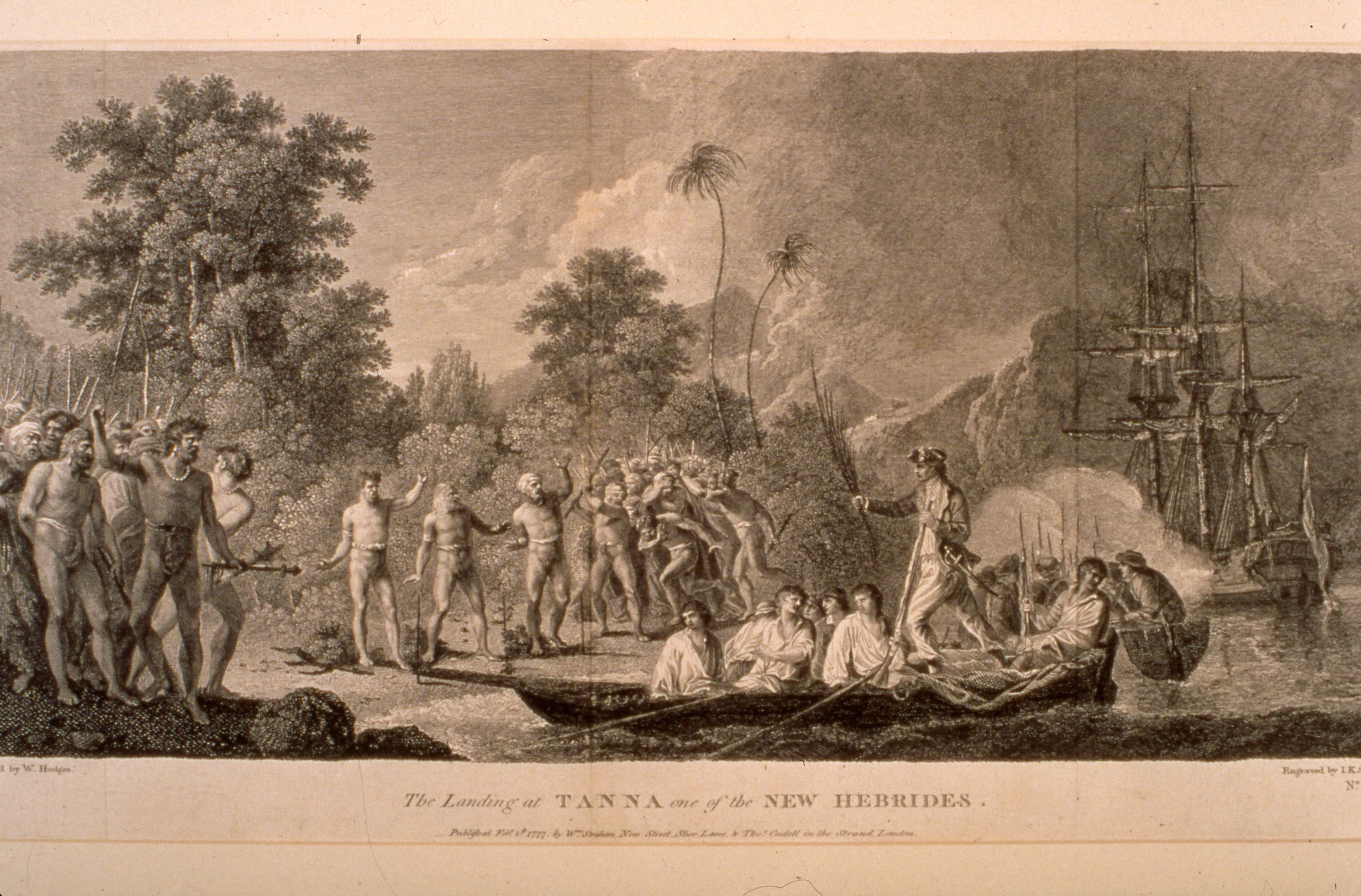 John Keyse Sherwin after William Hodges, The landing at Tanna, one of the New Hebrides, 1777, engraving from James Cook, A voyage towards the South Pole, 1777, II, plate 59, fp. 54. Private collection.