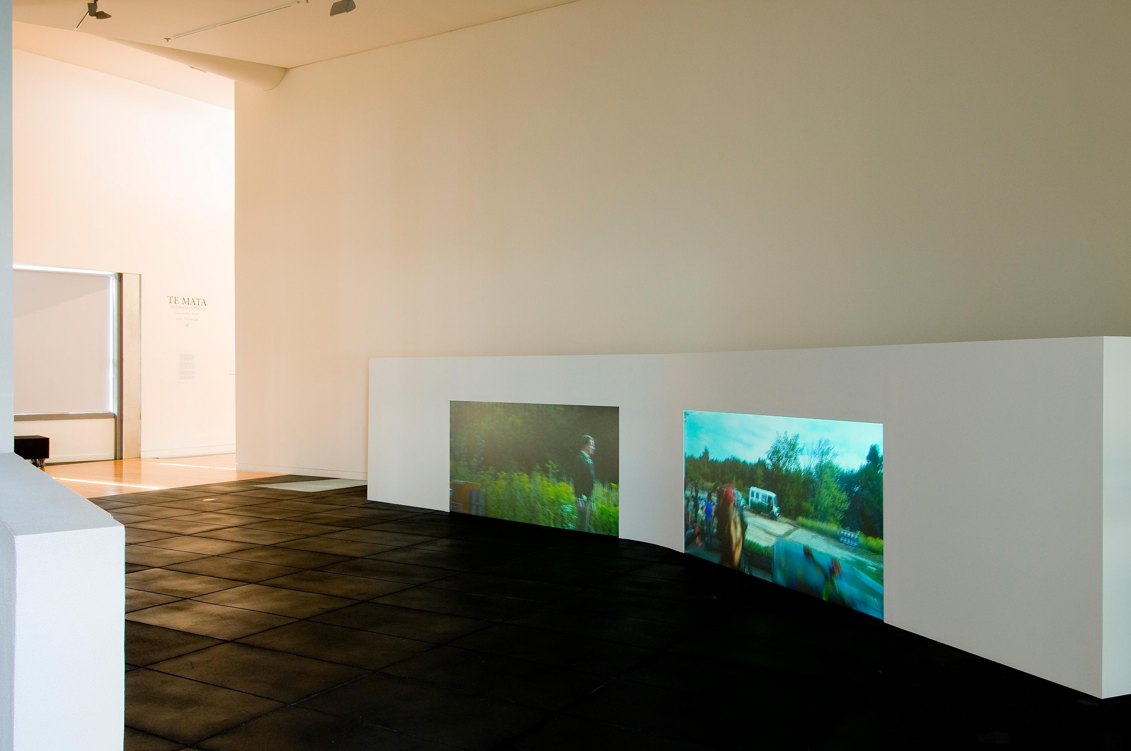 Aernout Mik, Training Day, 2007, two-screen video installation. Installation view, The Subject Now, Adam Art Gallery Te Pātaka Toi, Victoria University of Wellington, 2008