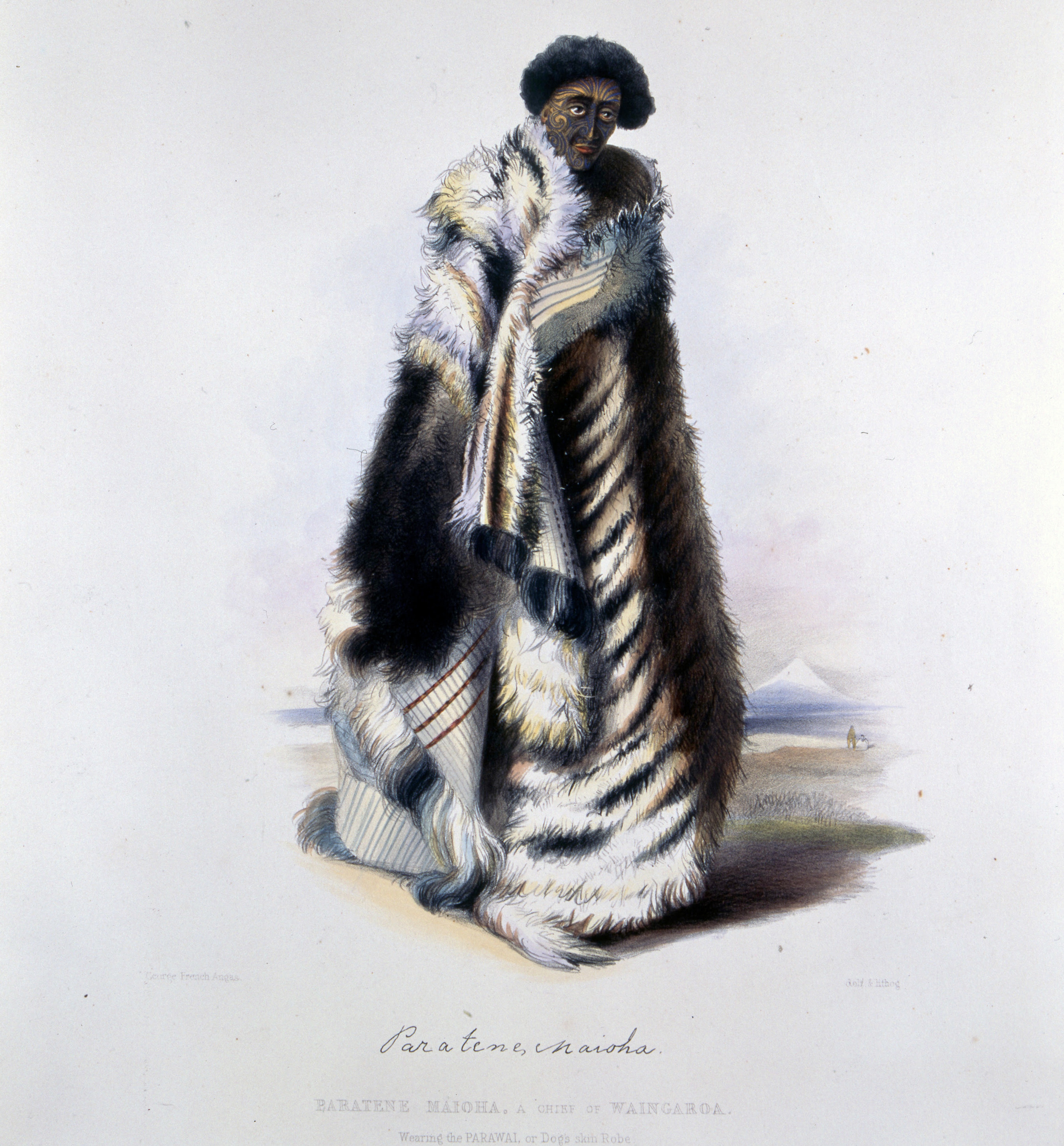 George French Angas, Paratene Maioha, a chief of Waingaroa, wearing the parawai, or dog’s skin robe, 1847, hand coloured lithograph, in The New Zealanders illustrated, plate 35. Collection of Te Papa Tongrewa