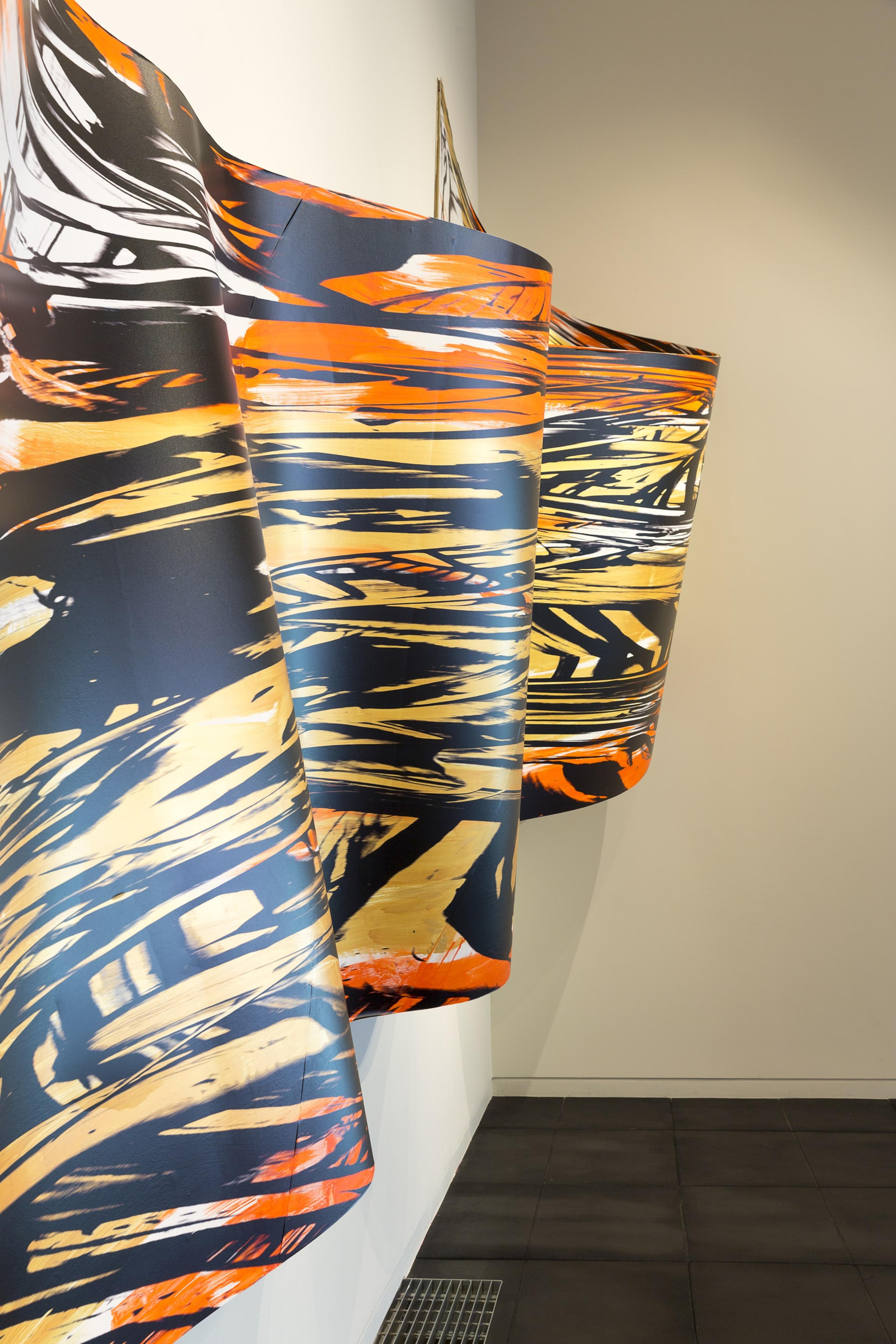 Judy Millar, installation view of Space Work 7, 2014. Wood, paint, digital print, 11.1 x 4.3 meters. Courtesy of the artist, Gow Langsford, Auckland and the Adam Art Gallery. Photo: Shaun Waugh.