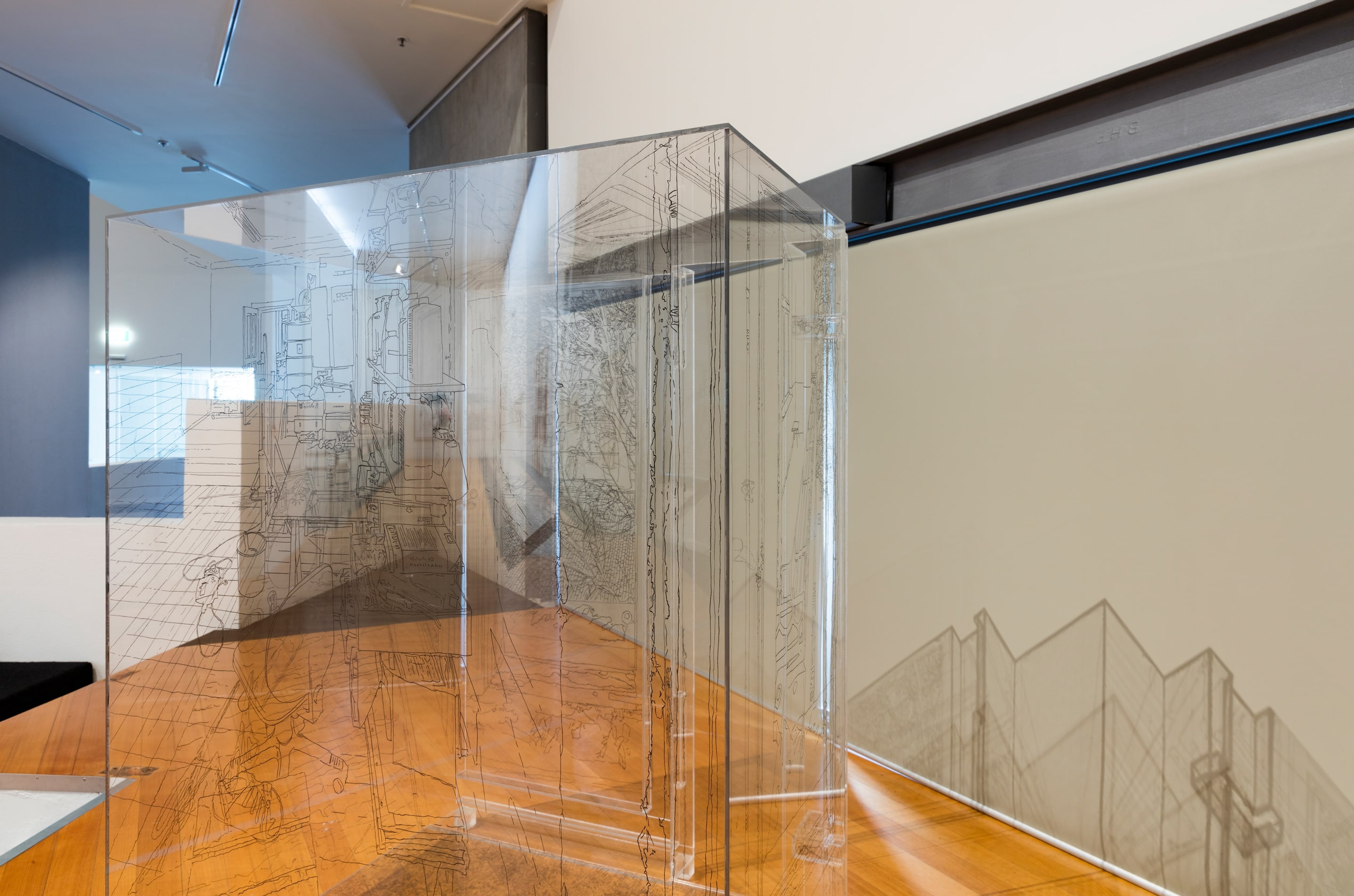 Pia Linz, Gehäusegravur: Atelier (Box Engraving: Studio), 2002/2003, Engraving on acrylic glass, tinted with intaglio ink, in the ifa-exhibition Linie Line Linea: Contemporary Drawing (photo: Shaun Waugh)