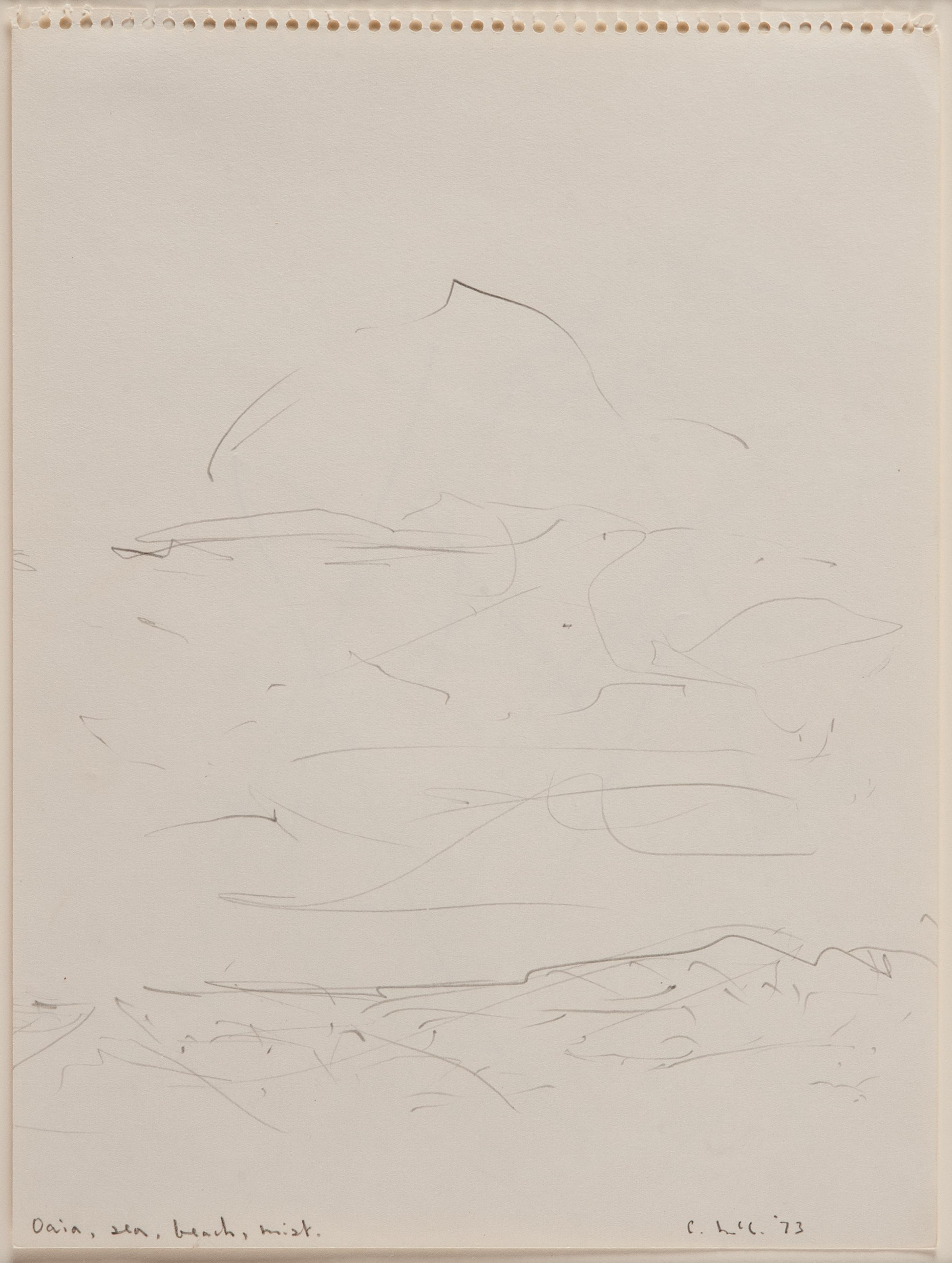 Colin McCahon, Oaia, Sea, Beach, Mist, 1973. Pencil on paper, one of nine, 306 x 228mm. Courtesy of Auckland Art Gallery Toi o Tāmaki, on loan from a private collection