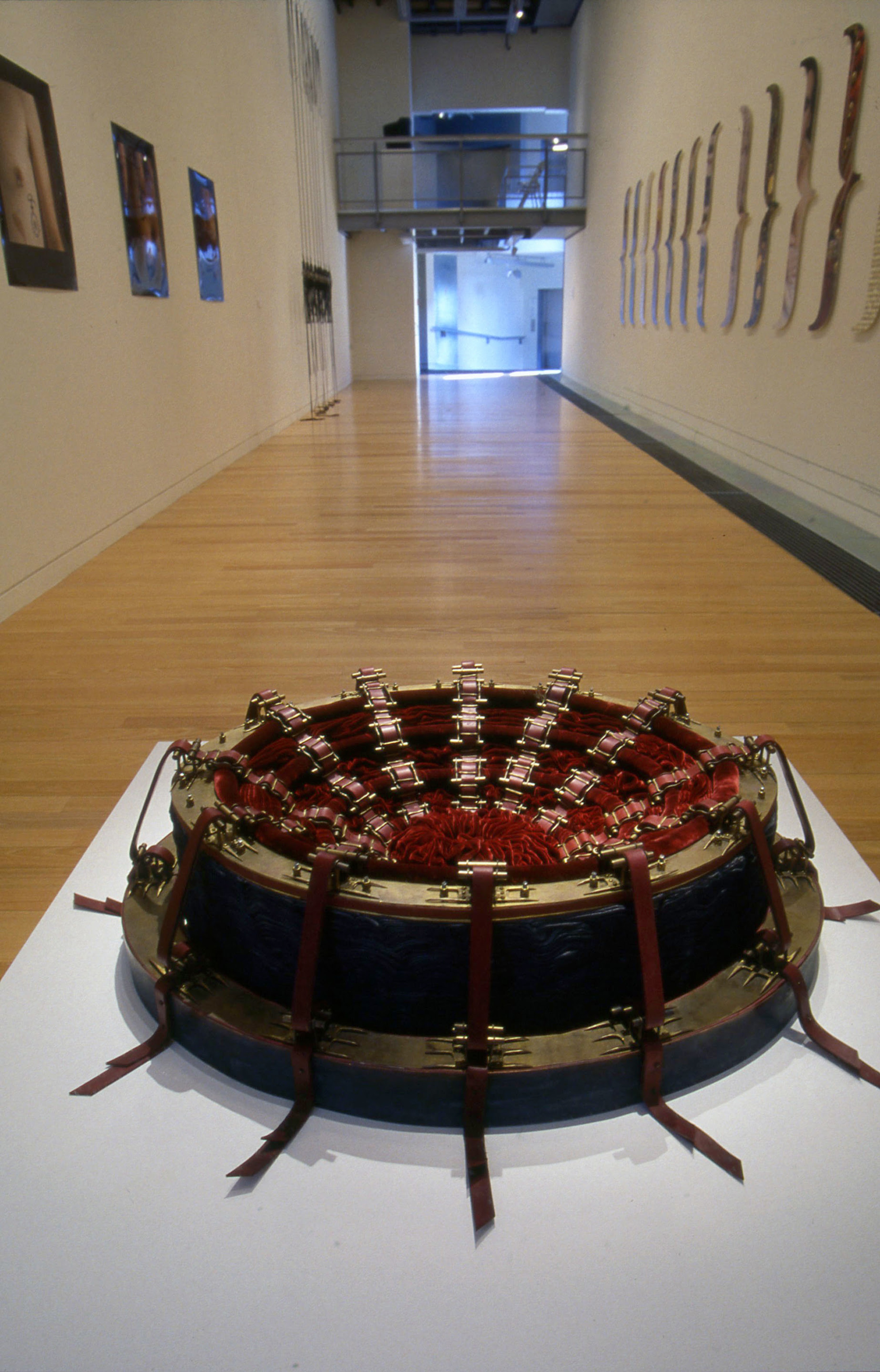 Cathy de Monchaux, Red, 1999, brass, copper, leather, velvet, thread, graphite, and canvas. Installation view, Votive: Sacred and Ecstatic Bodies, Adam Art Gallery Te Pātaka Toi, Victoria University of Wellington, 2001