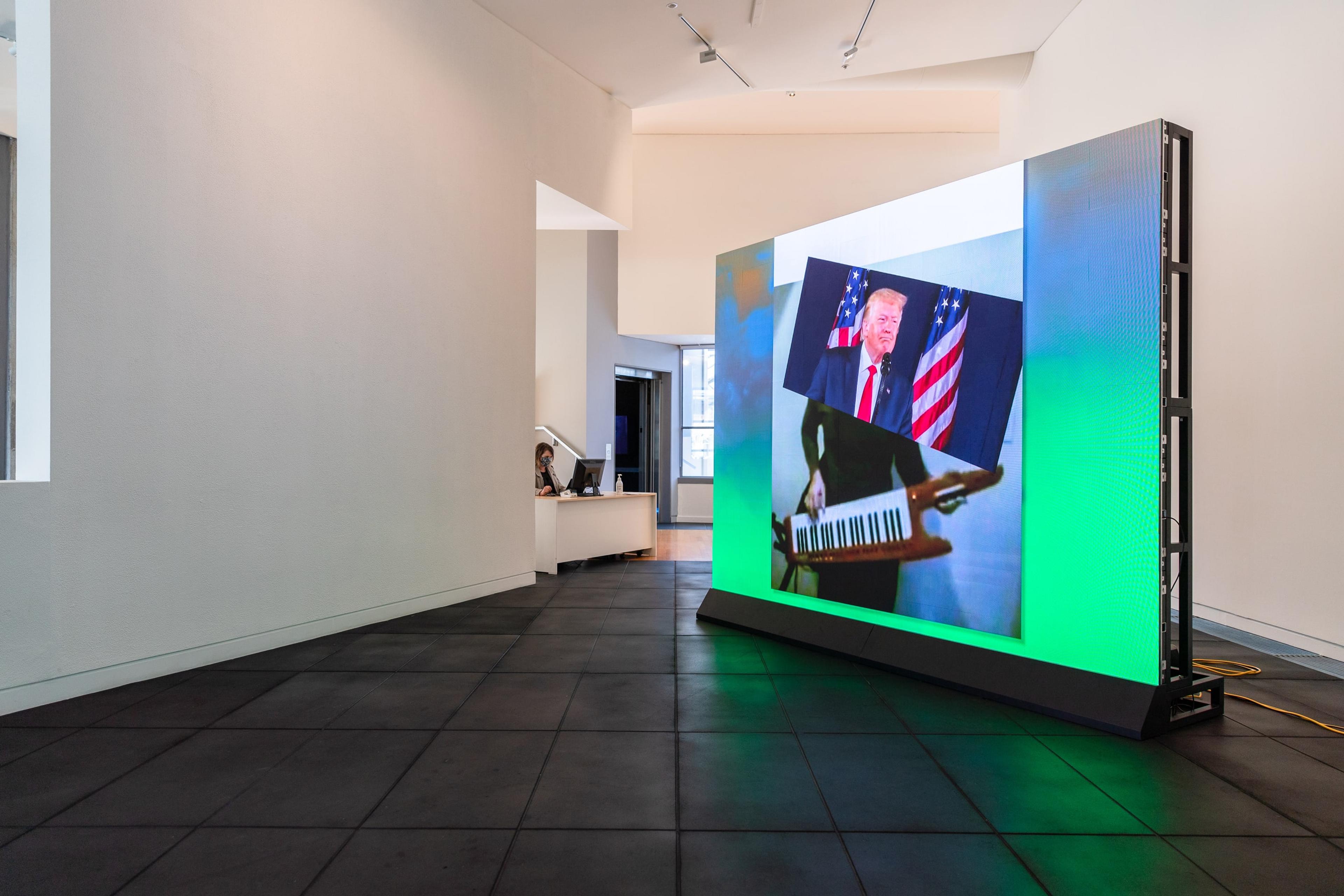 Matthew Griffin, Unchained Malady, 2020, 133 short videos presented on a large screen, 54:46 mins, colour/sound, private collection, courtesy the artist and Fine Arts, Sydney. Installation view, Image Processors: Artists in the Medium – A Short History 1968–2020, Te Pātaka Toi Adam Art Gallery, Victoria University of Wellington. Photo by Ted Whitaker.